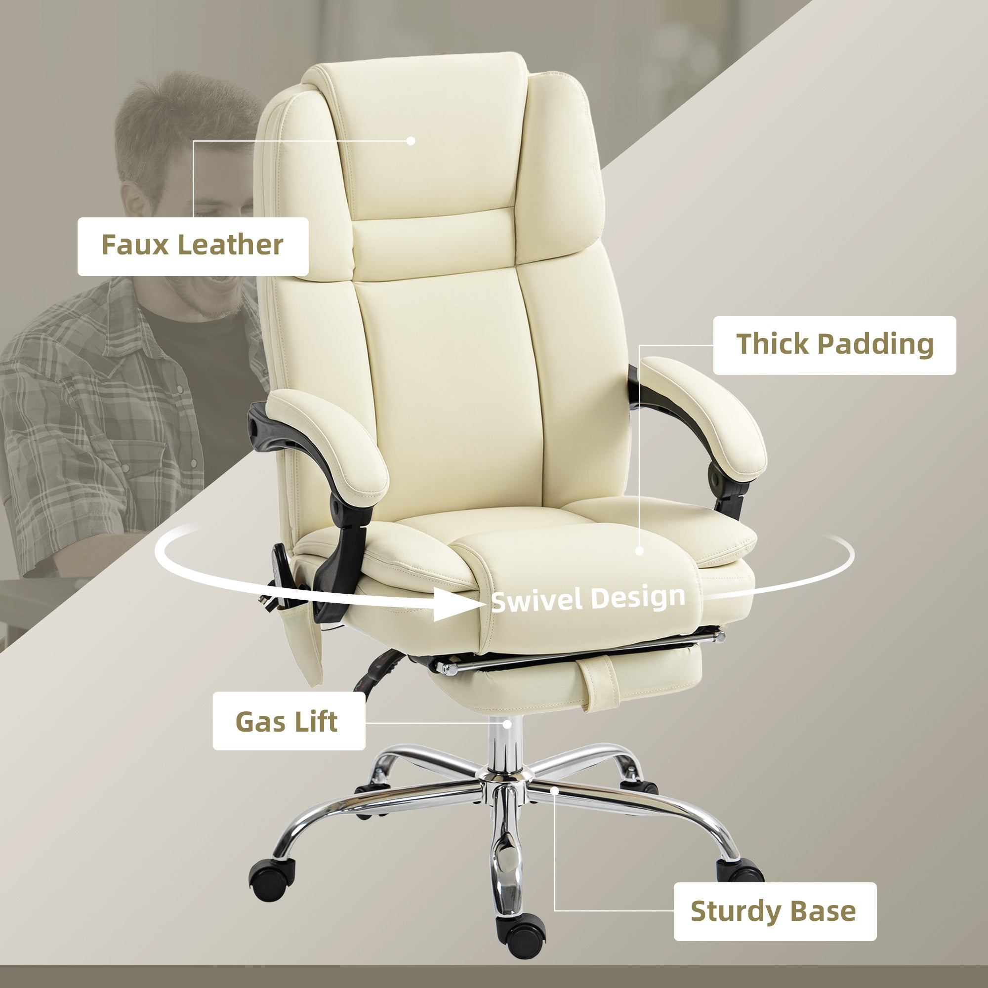 Massage Office Chair - White Reclining PU Leather High Back-DECOROLALA