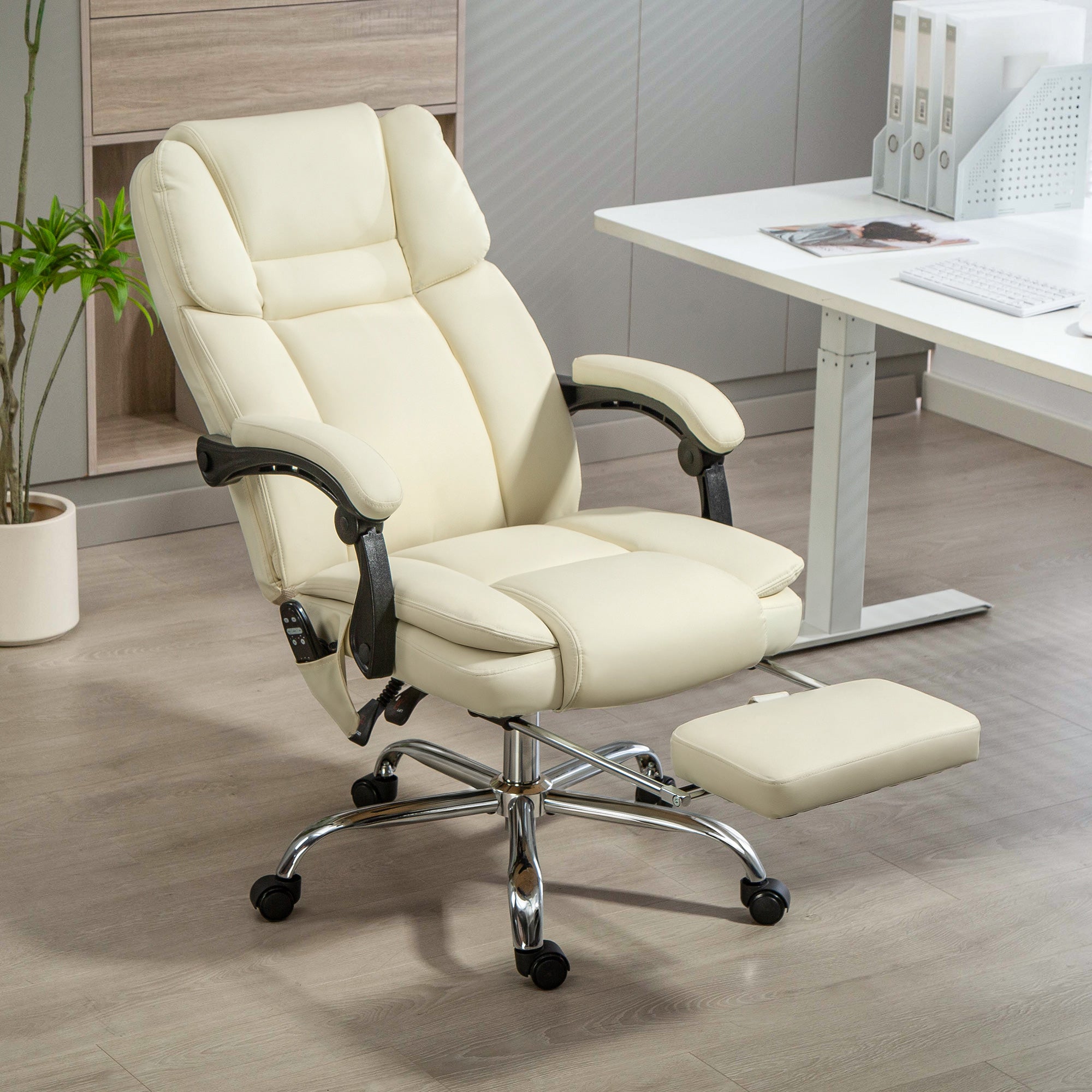 Massage Office Chair - White Reclining PU Leather High Back-DECOROLALA