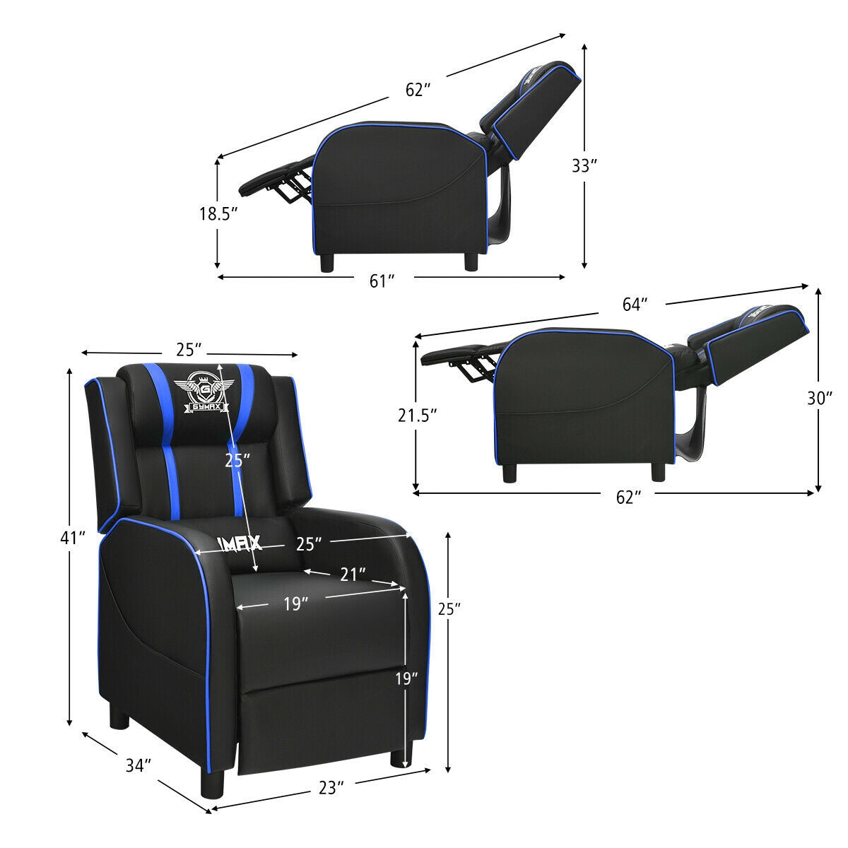 Massage Racing Gaming Single Recliner Chair-Blue-Gaming Chairs-DECOROLALA