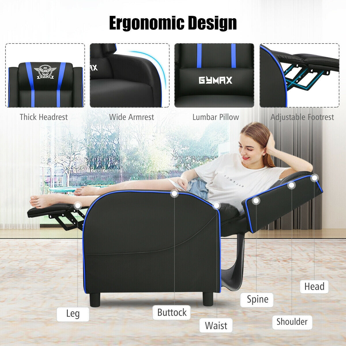 Massage Racing Gaming Single Recliner Chair-Blue-Gaming Chairs-DECOROLALA