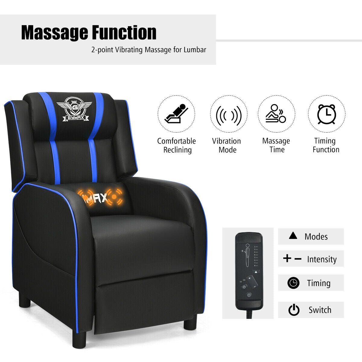 Massage Racing Gaming Single Recliner Chair-Blue-Gaming Chairs-DECOROLALA