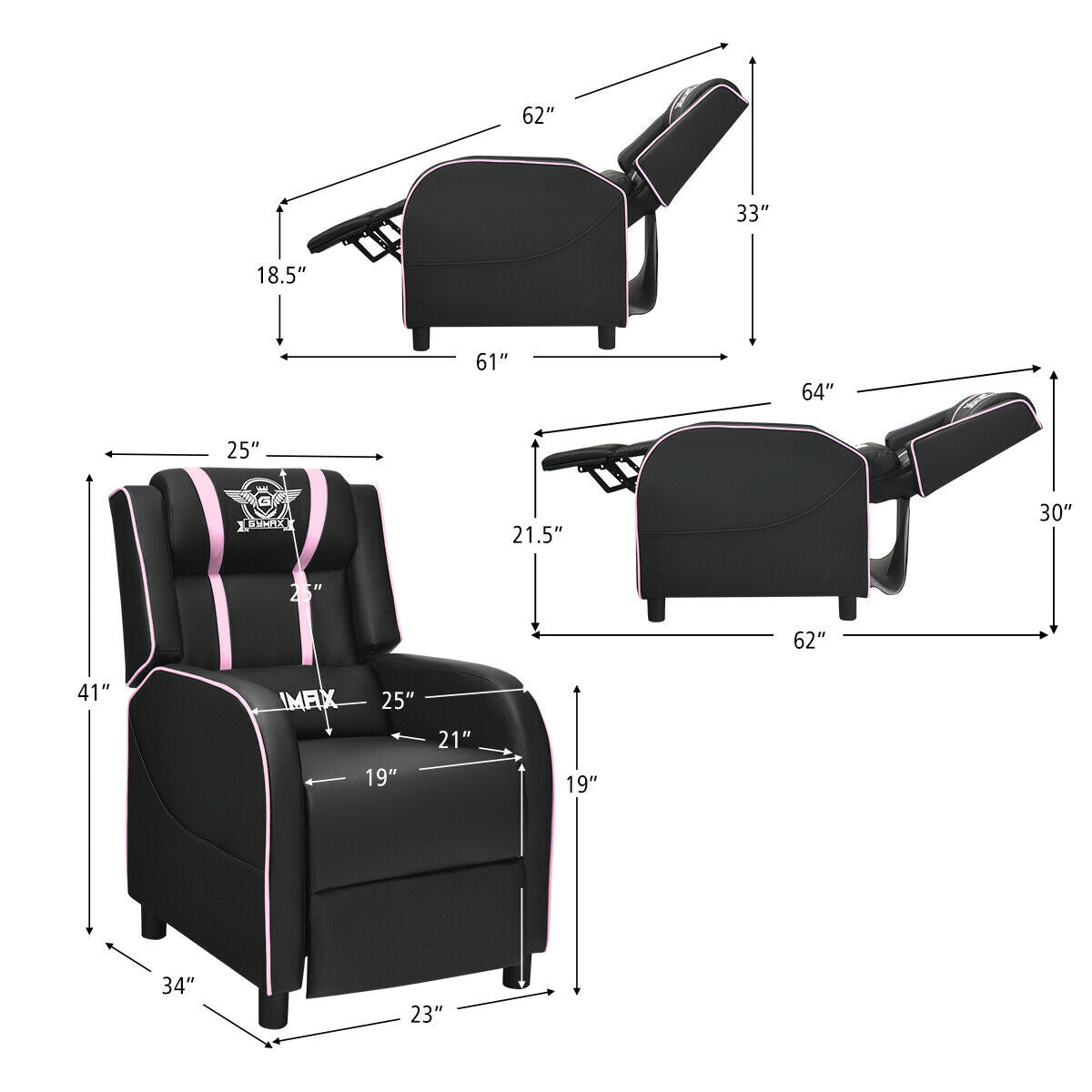 Massage Racing Gaming Single Recliner Chair-Pink-Gaming Chairs-DECOROLALA