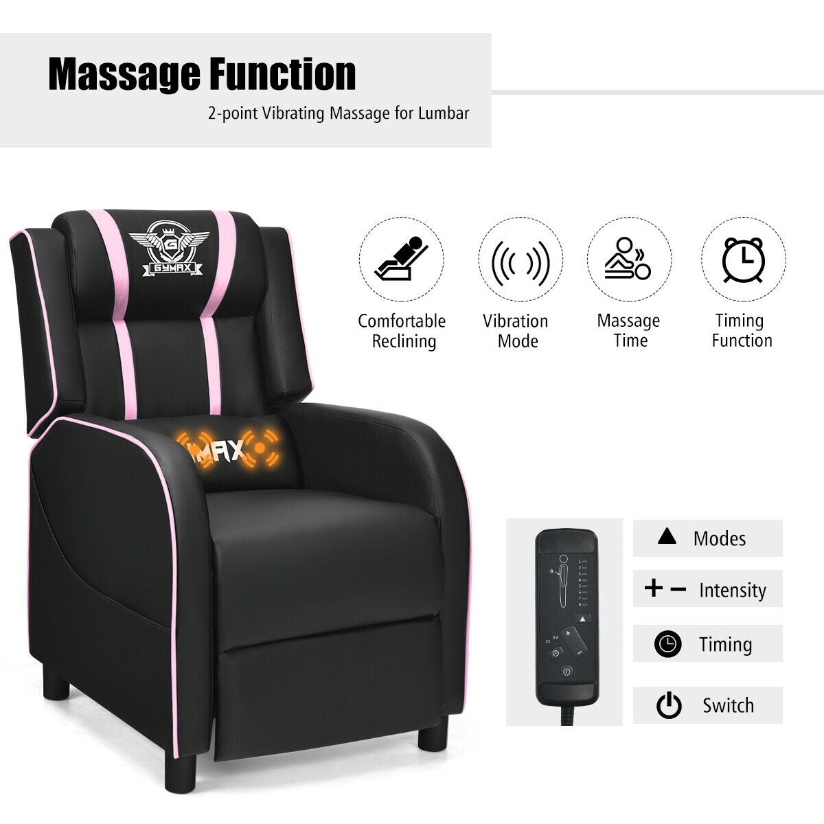 Massage Racing Gaming Single Recliner Chair-Pink-Gaming Chairs-DECOROLALA