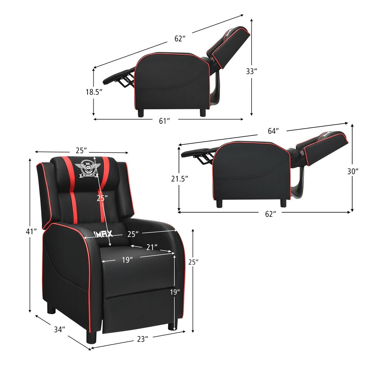 Massage Racing Gaming Single Recliner Chair-Red-Gaming Chairs-DECOROLALA