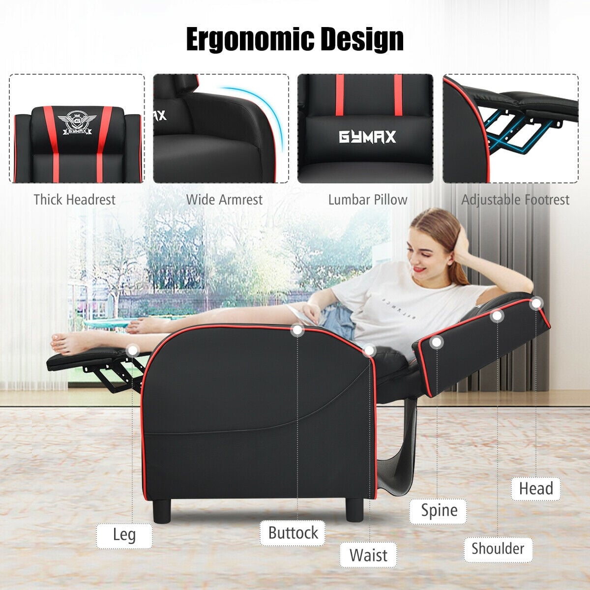 Massage Racing Gaming Single Recliner Chair-Red-Gaming Chairs-DECOROLALA
