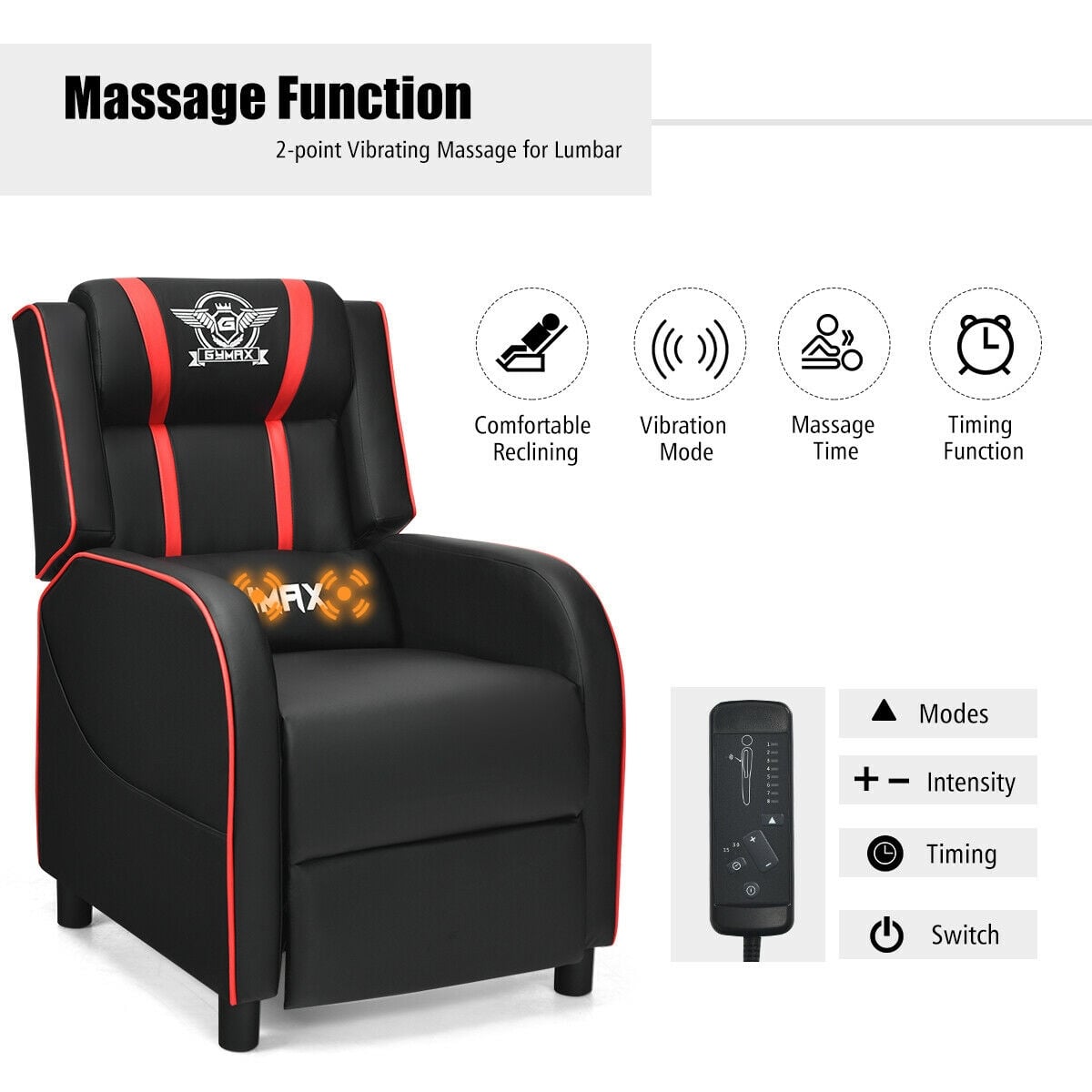 Massage Racing Gaming Single Recliner Chair-Red-Gaming Chairs-DECOROLALA