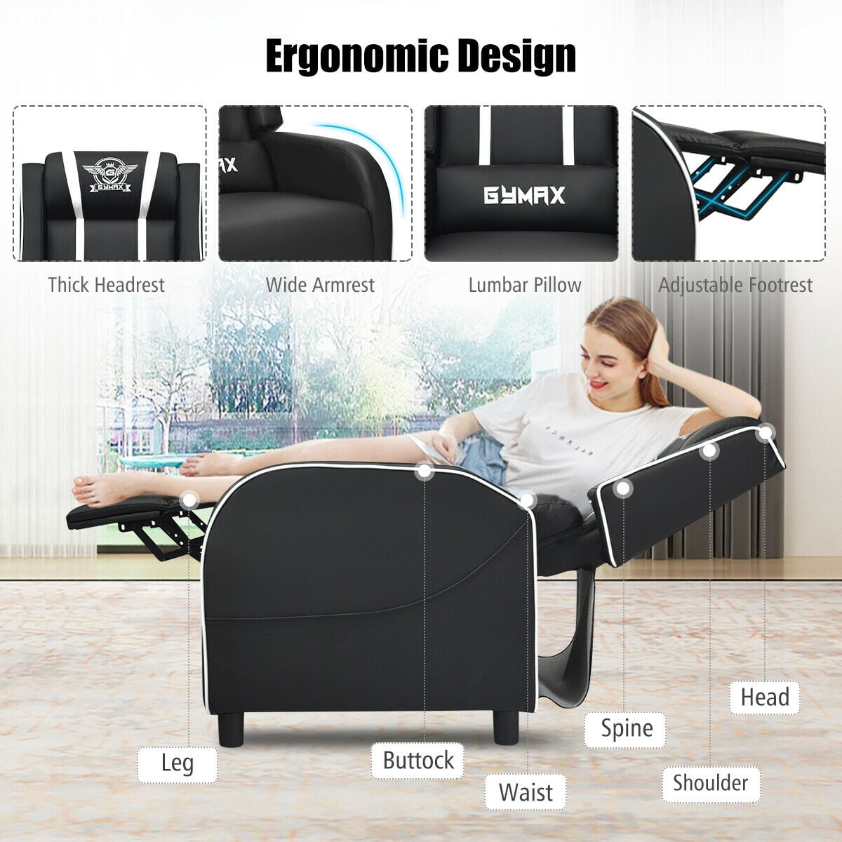 Massage Racing Gaming Single Recliner Chair-White-Gaming Chairs-DECOROLALA