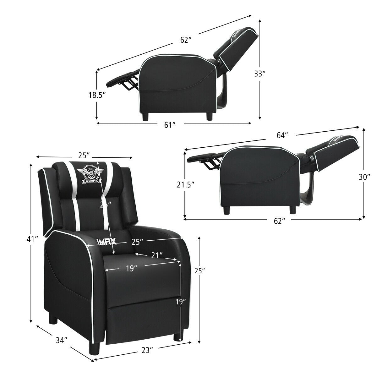 Massage Racing Gaming Single Recliner Chair-White-Gaming Chairs-DECOROLALA