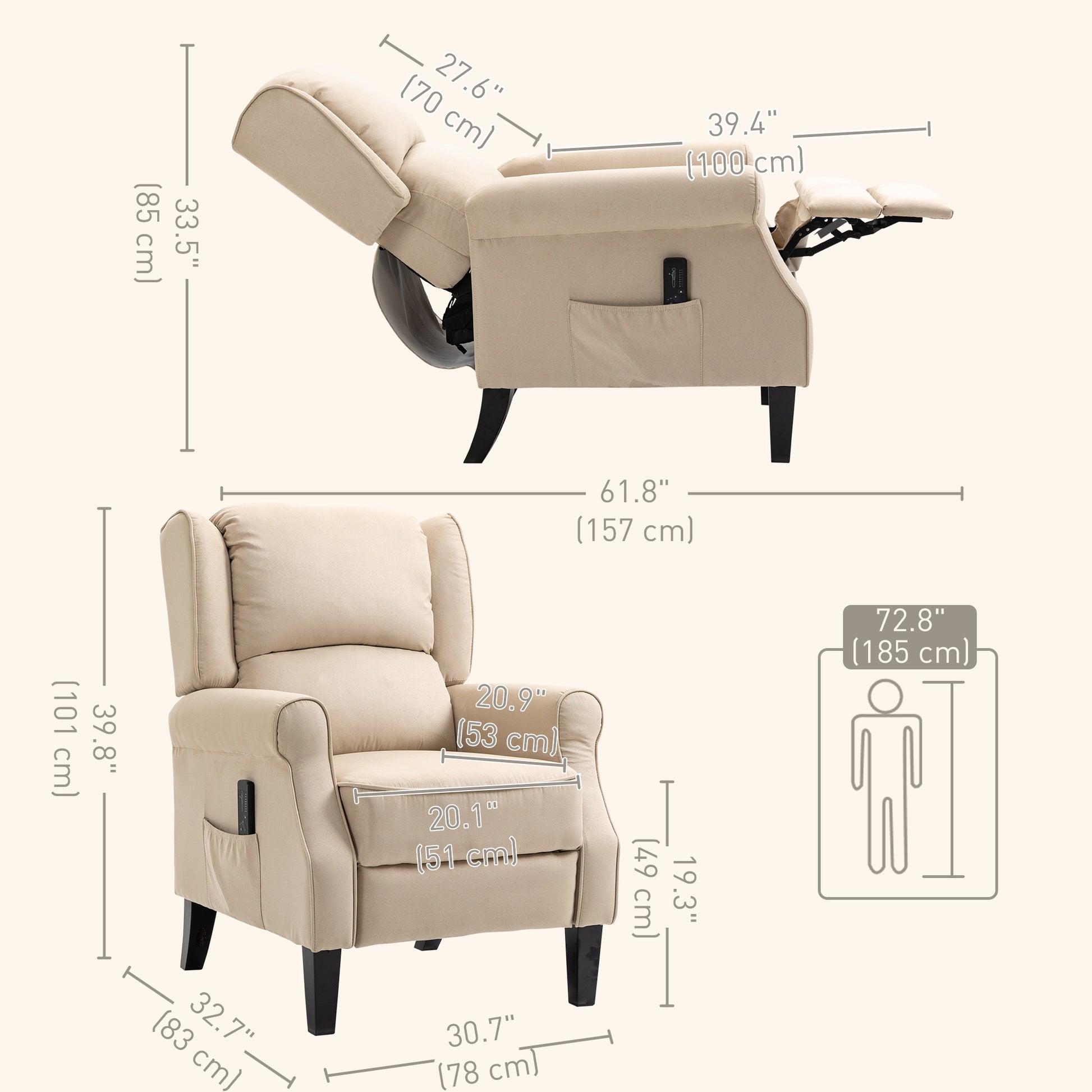 Massage Recliner Chair Beige Suede Wingback-DECOROLALA