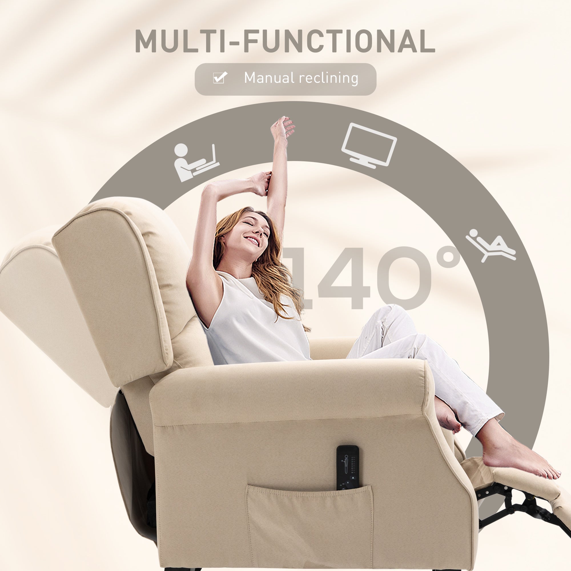 Massage Recliner Chair Beige Suede Wingback-DECOROLALA