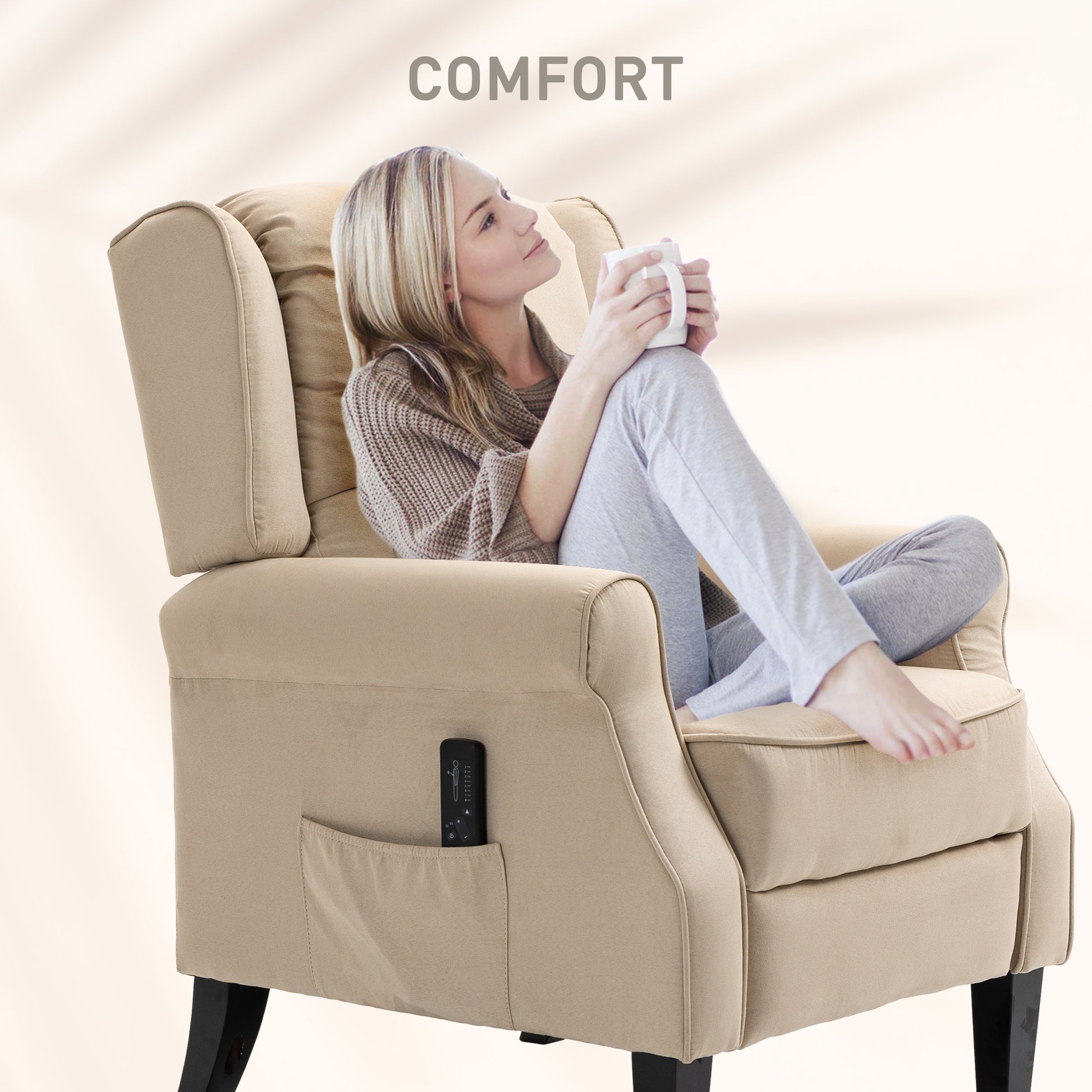 Massage Recliner Chair Beige Suede Wingback-DECOROLALA