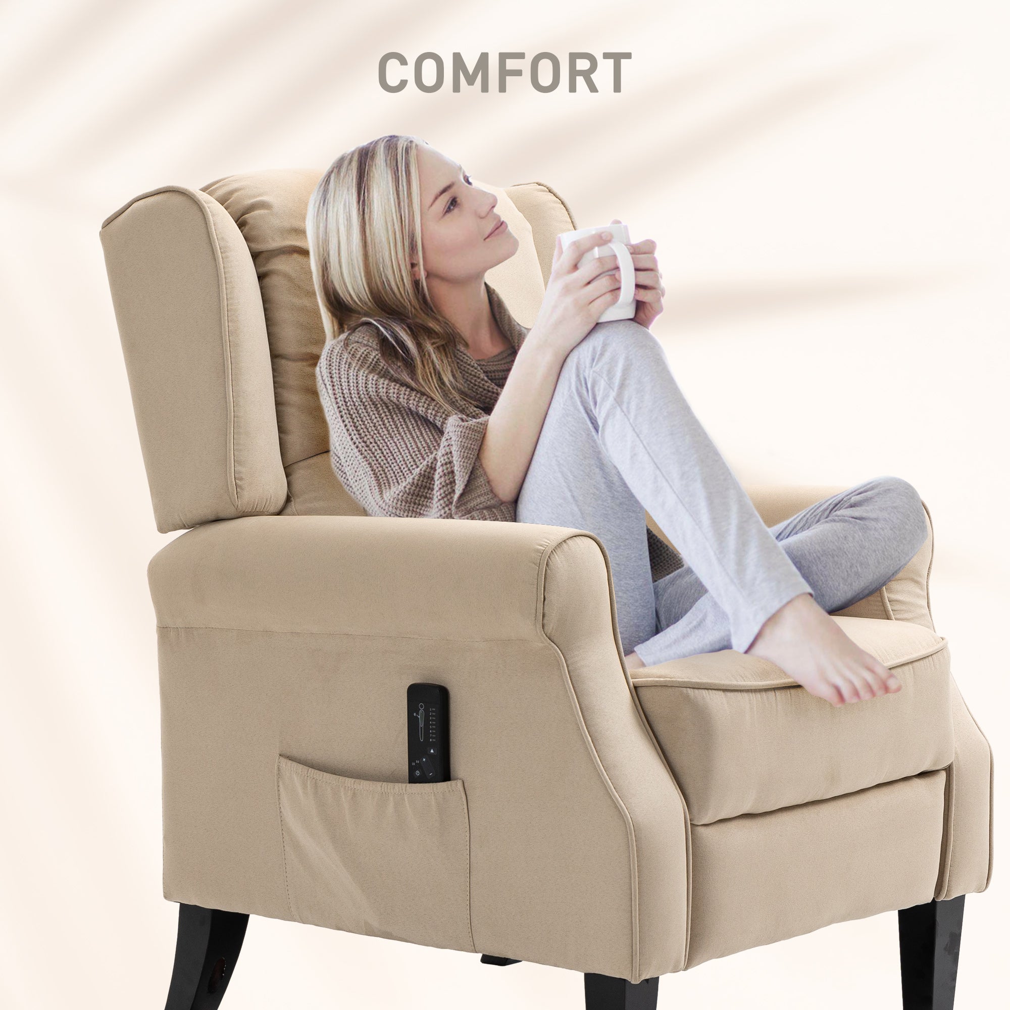 Massage Recliner Chair Beige Suede Wingback-DECOROLALA