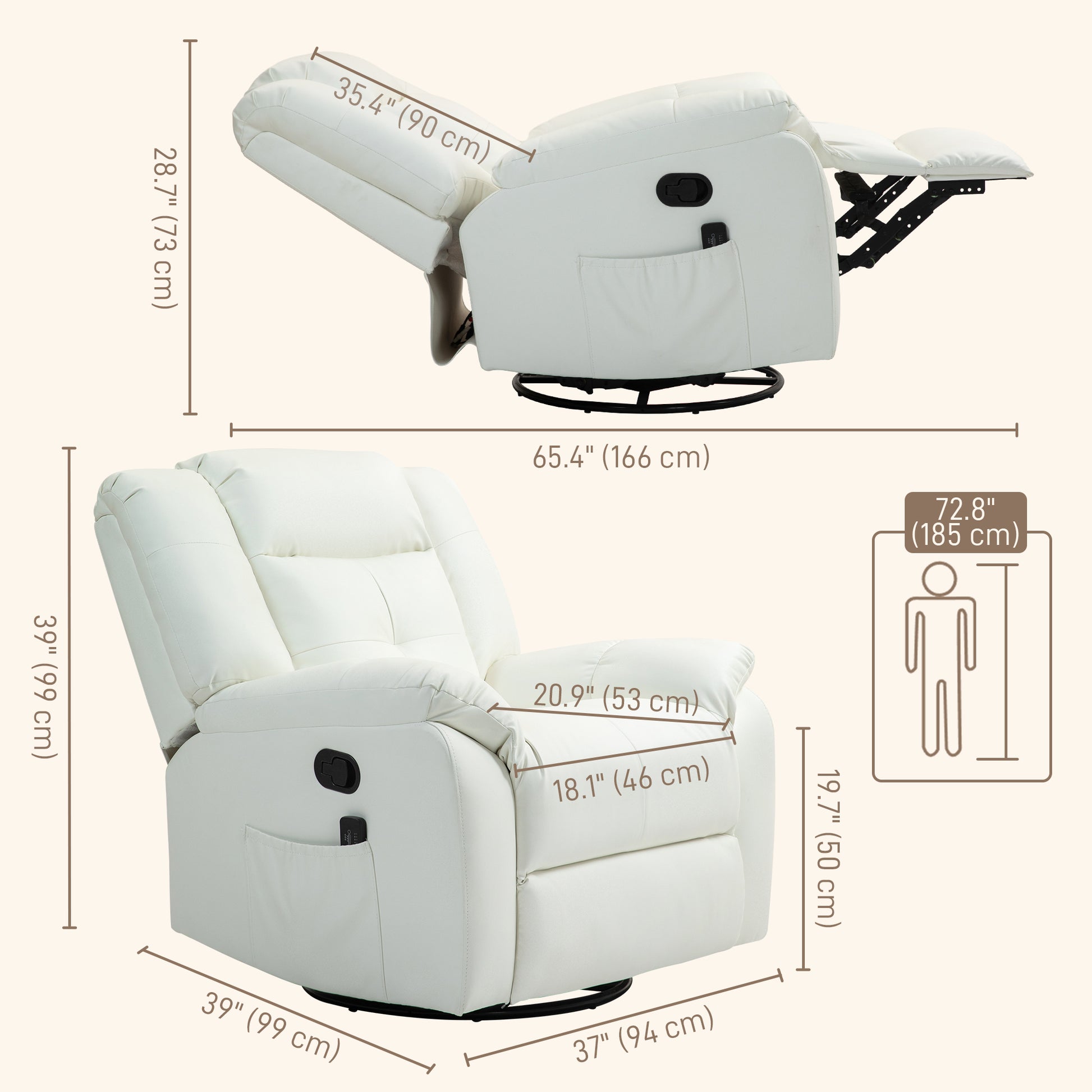 Massage Recliner Chair - Cream White, 8-Point, Swivel, Remote Control-DECOROLALA