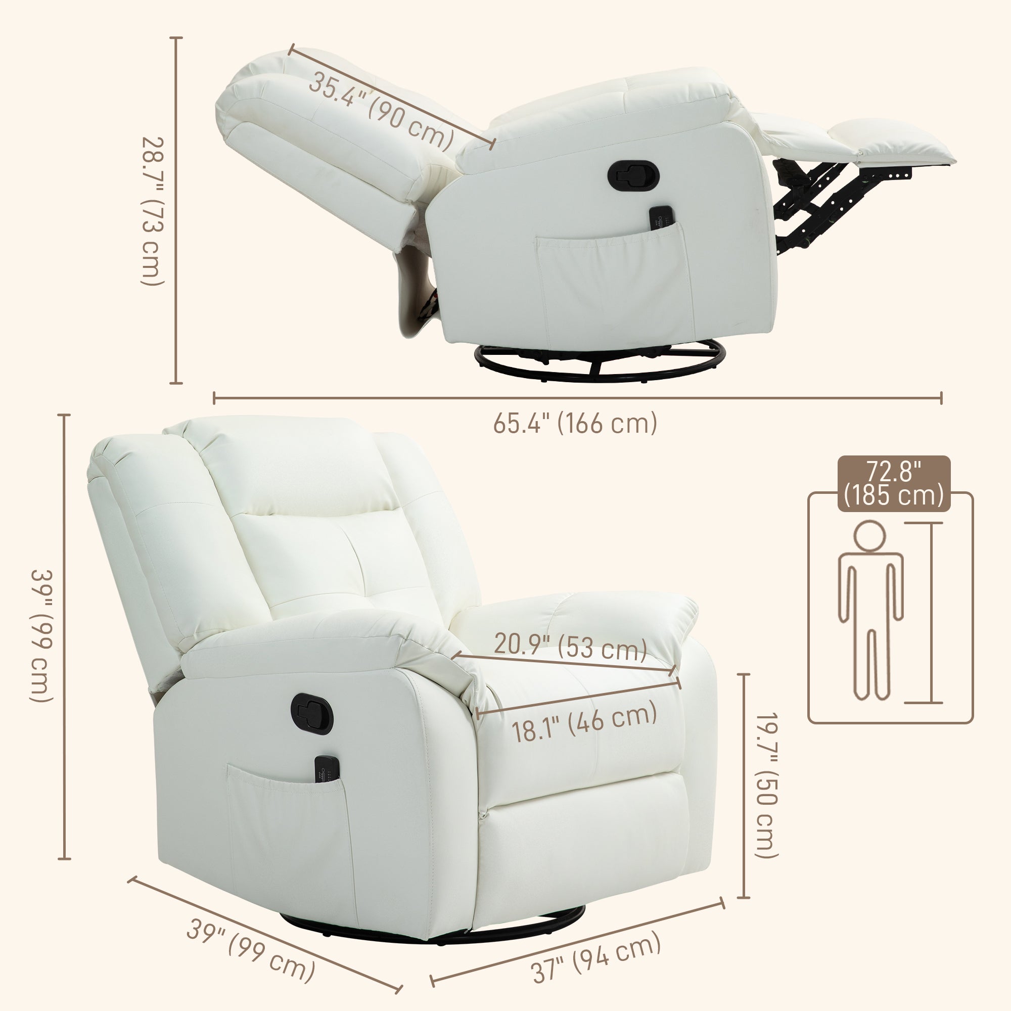 Massage Recliner Chair - Cream White, 8-Point, Swivel, Remote Control-DECOROLALA