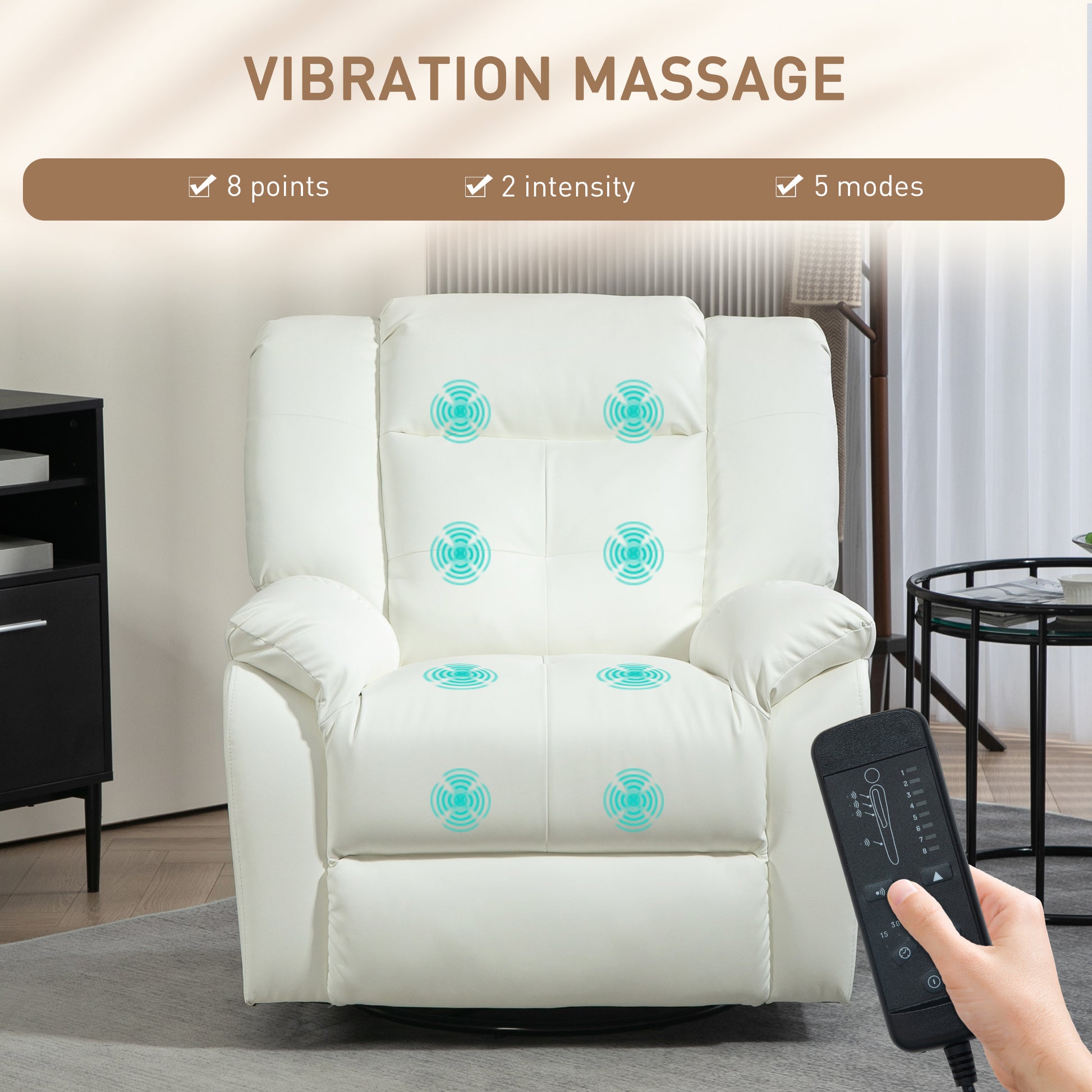 Massage Recliner Chair - Cream White, 8-Point, Swivel, Remote Control-DECOROLALA