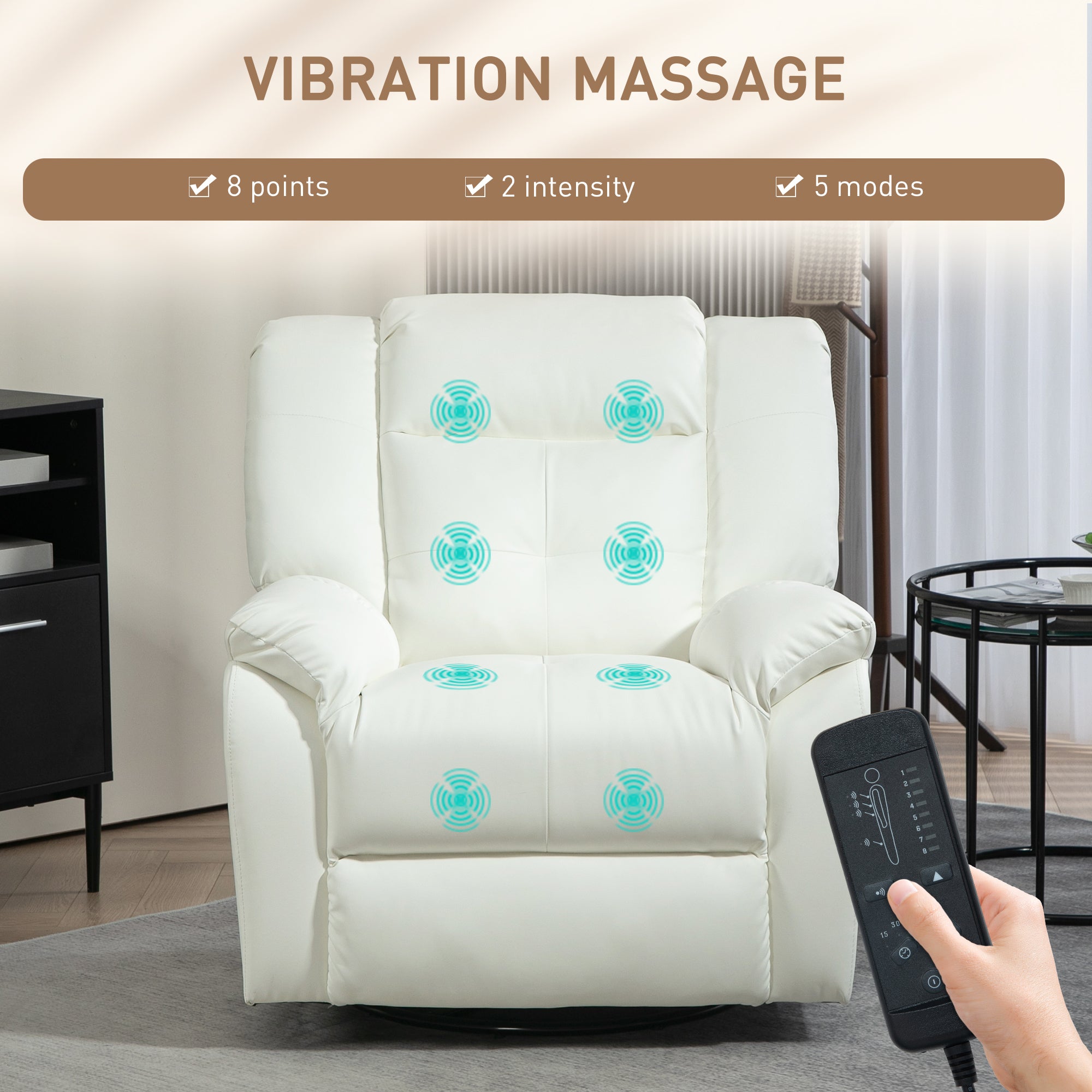 Massage Recliner Chair - Cream White, 8-Point, Swivel, Remote Control-DECOROLALA
