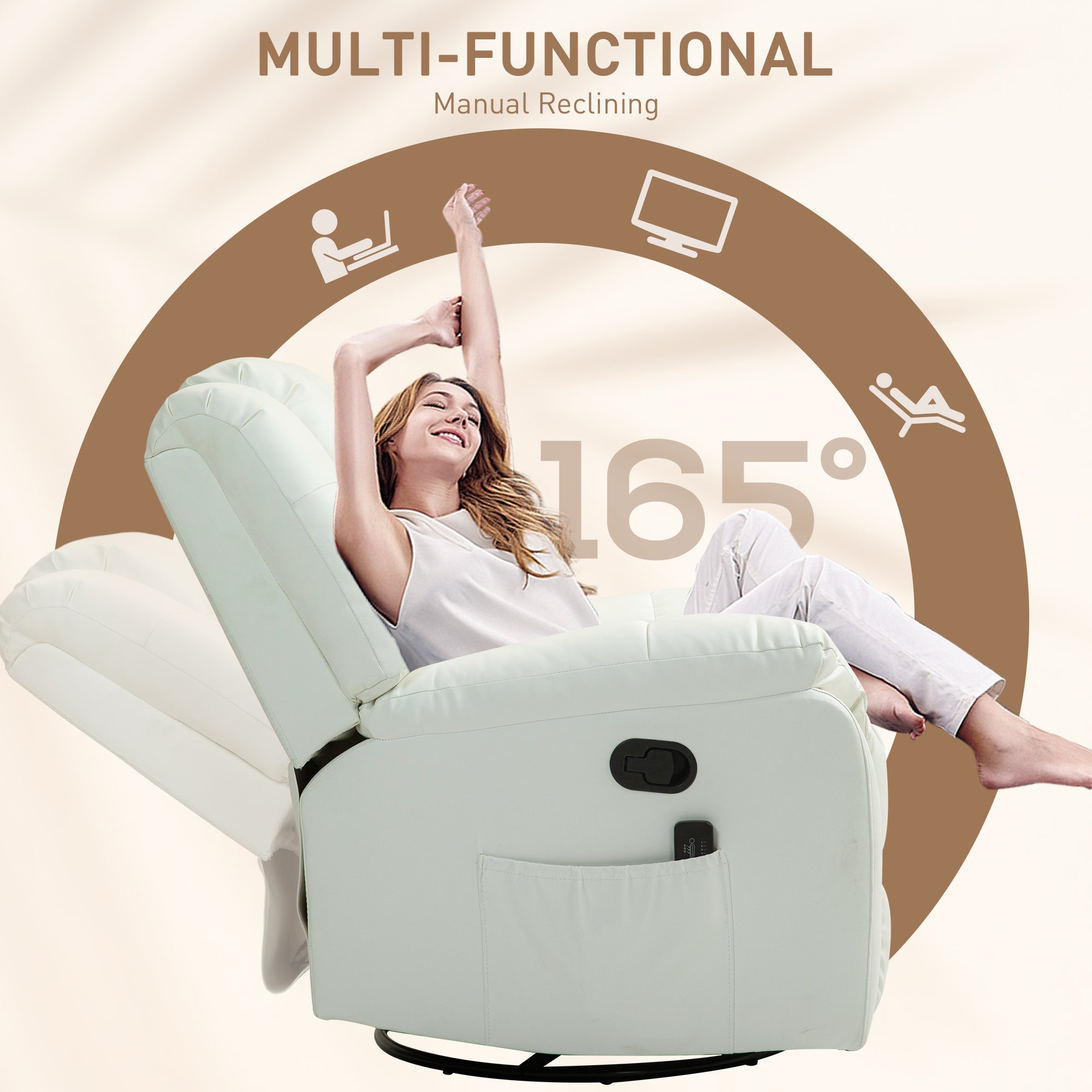 Massage Recliner Chair - Cream White, 8-Point, Swivel, Remote Control-DECOROLALA