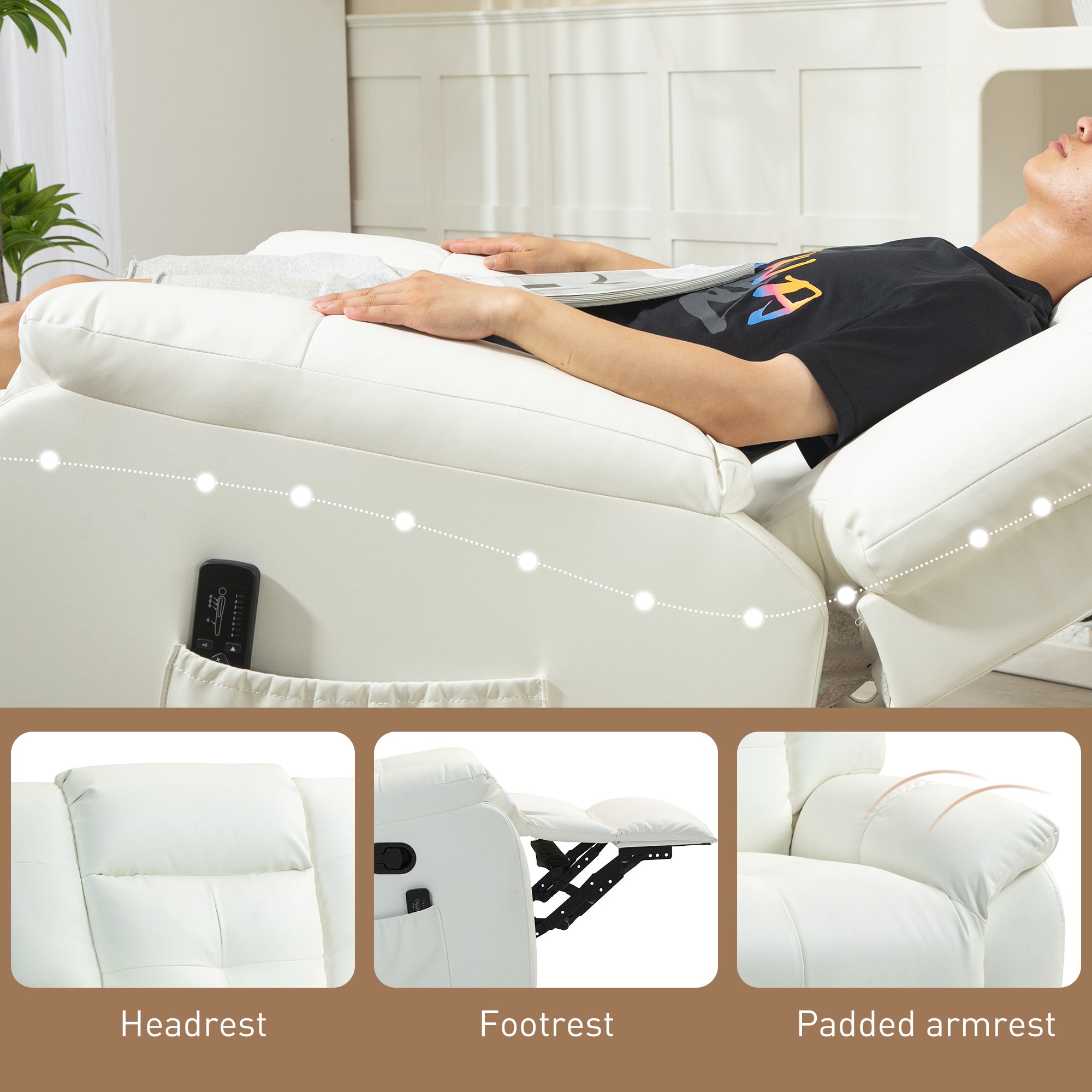 Massage Recliner Chair - Cream White, 8-Point, Swivel, Remote Control-DECOROLALA
