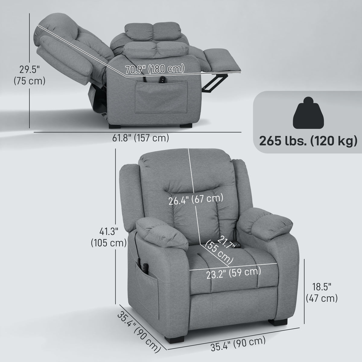 Massage Recliner Chair Grey - 8-Point Massage-DECOROLALA