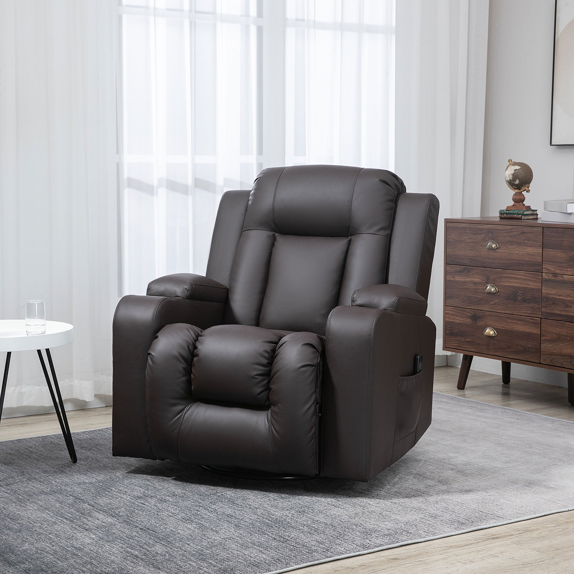 Massage Recliner Chair, PU Leather, Manual Recliner, Swivel, 8 Modes, Brown-DECOROLALA
