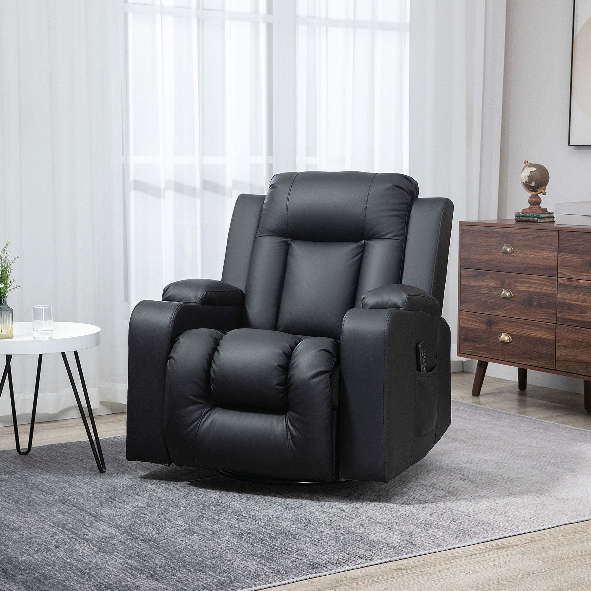 Massage Recliner Chair, PU Leather, Manual Recliner, Swivel, 8 Modes, Brown-DECOROLALA