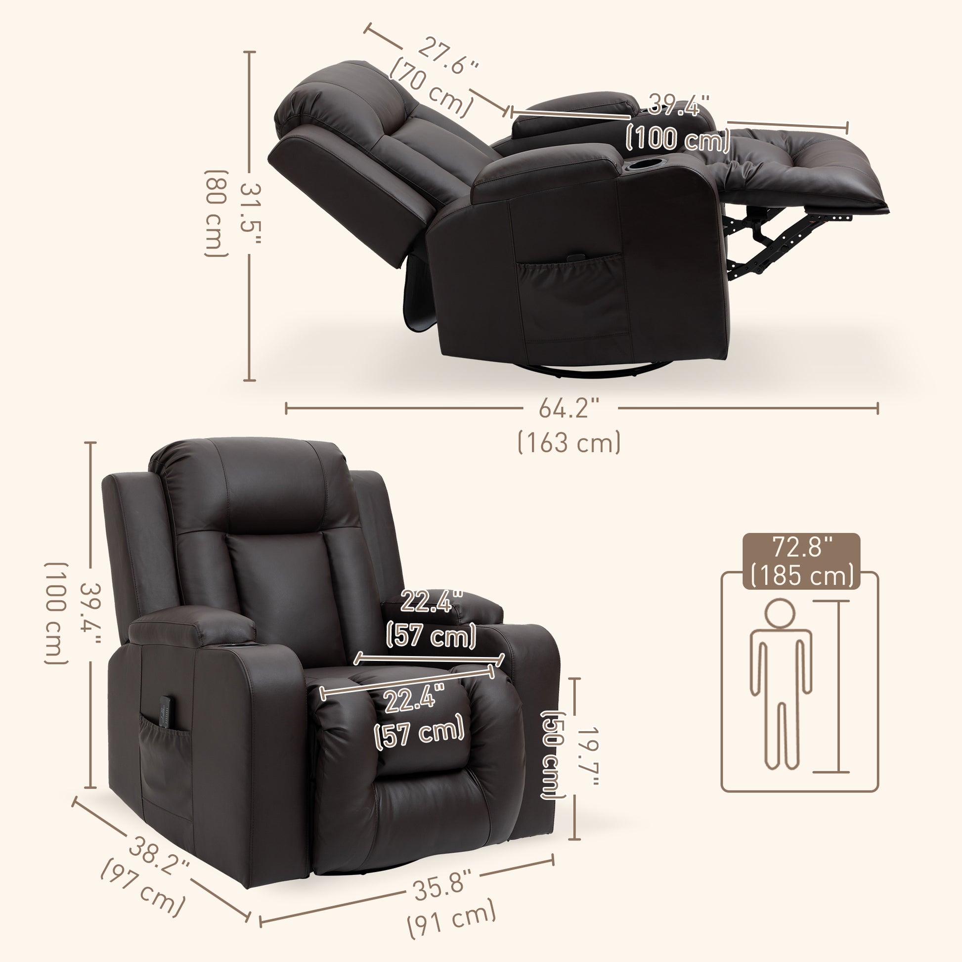 Massage Recliner Chair, PU Leather, Manual Recliner, Swivel, 8 Modes, Brown-DECOROLALA