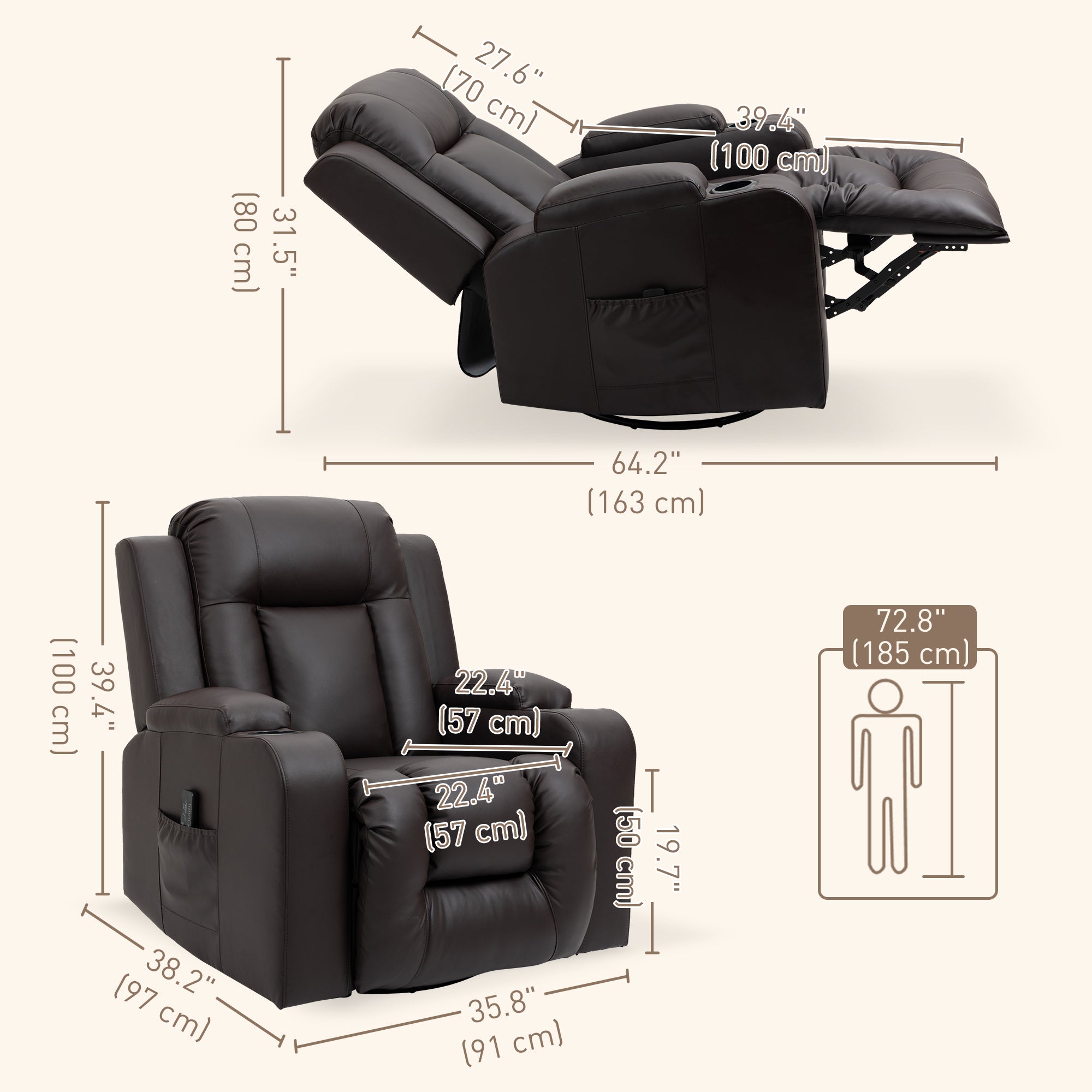 Massage Recliner Chair, PU Leather, Manual Recliner, Swivel, 8 Modes, Brown-DECOROLALA