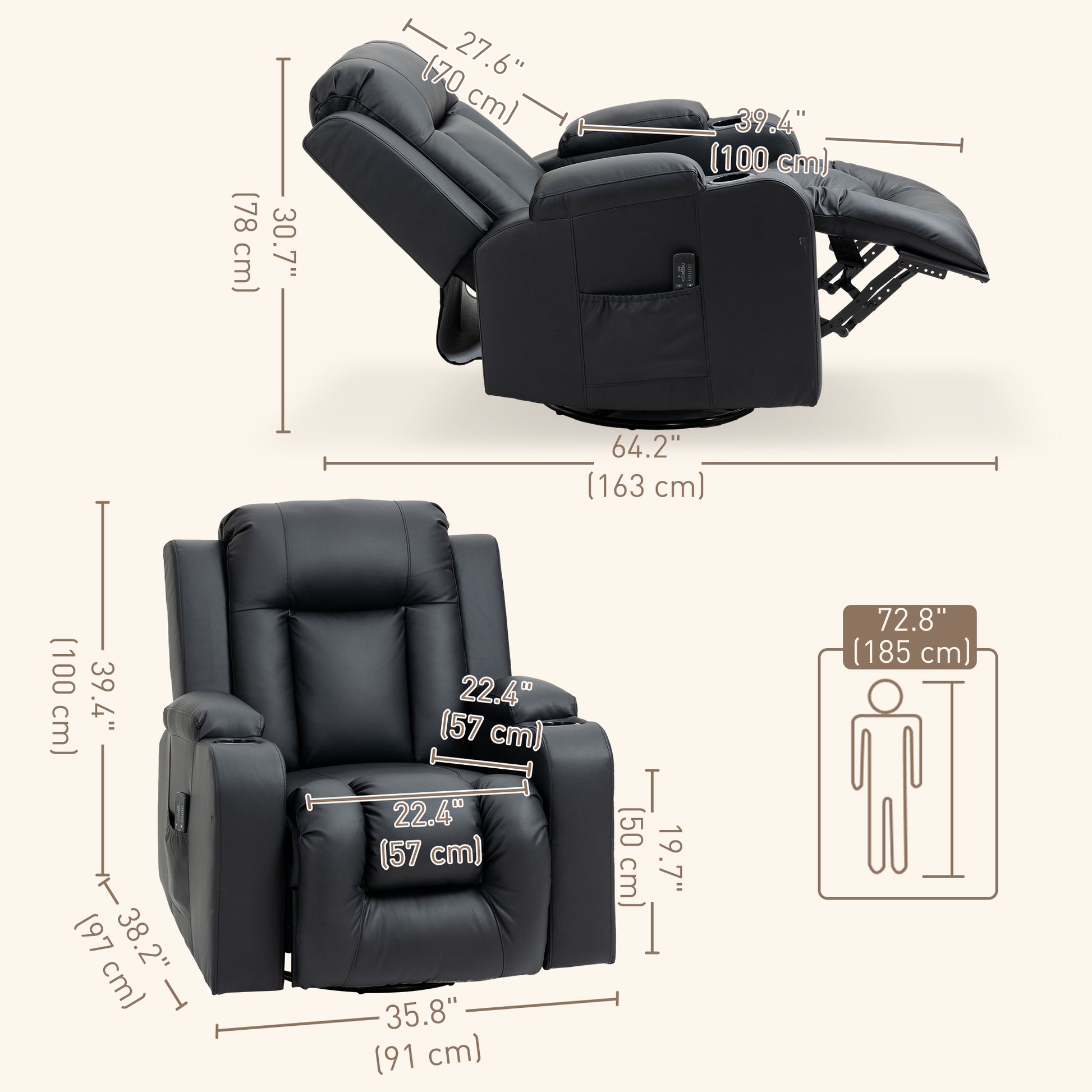 Massage Recliner Chair, PU Leather, Manual Recliner, Swivel, 8 Modes, Brown-DECOROLALA