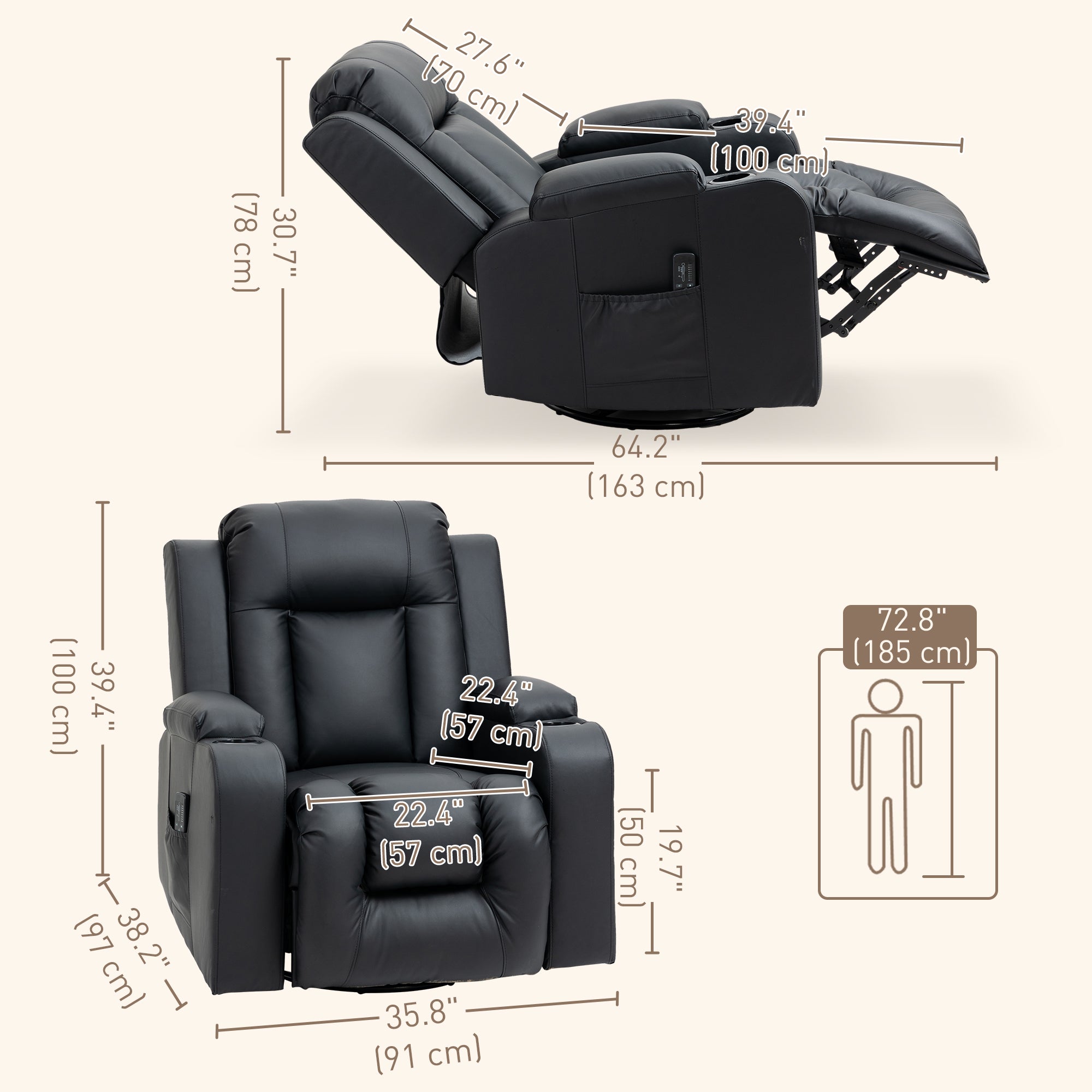 Massage Recliner Chair, PU Leather, Manual Recliner, Swivel, 8 Modes, Brown-DECOROLALA