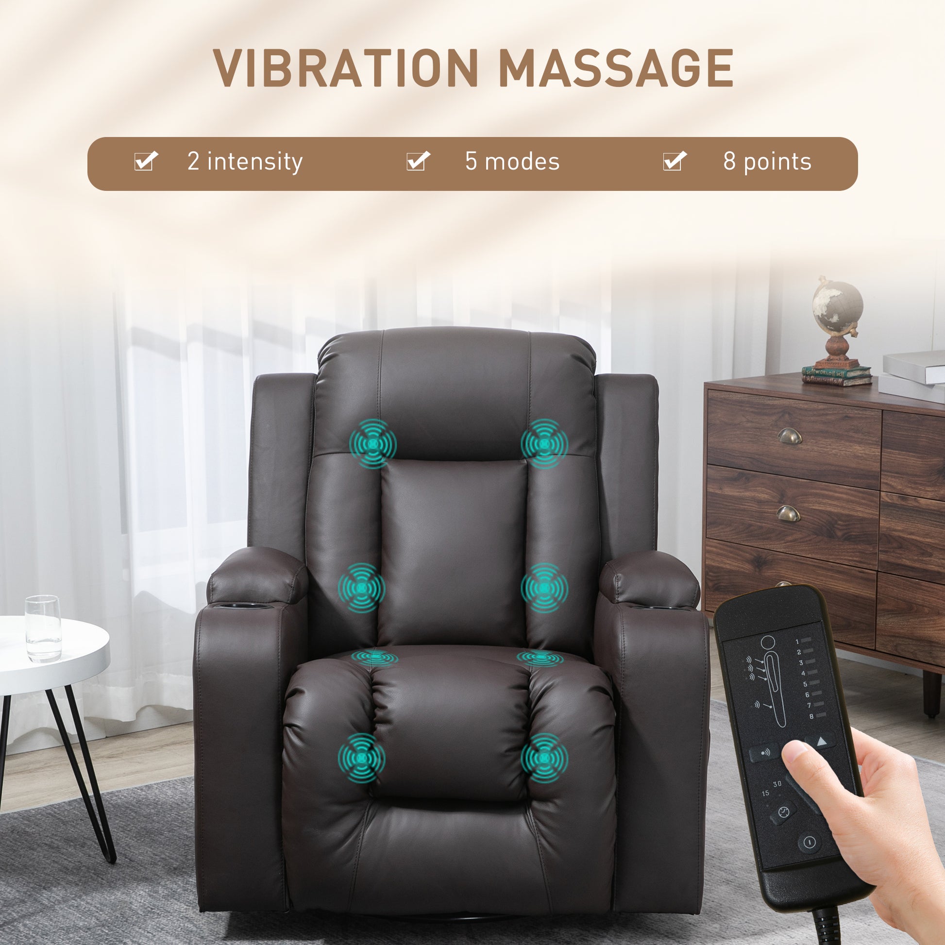 Massage Recliner Chair, PU Leather, Manual Recliner, Swivel, 8 Modes, Brown-DECOROLALA