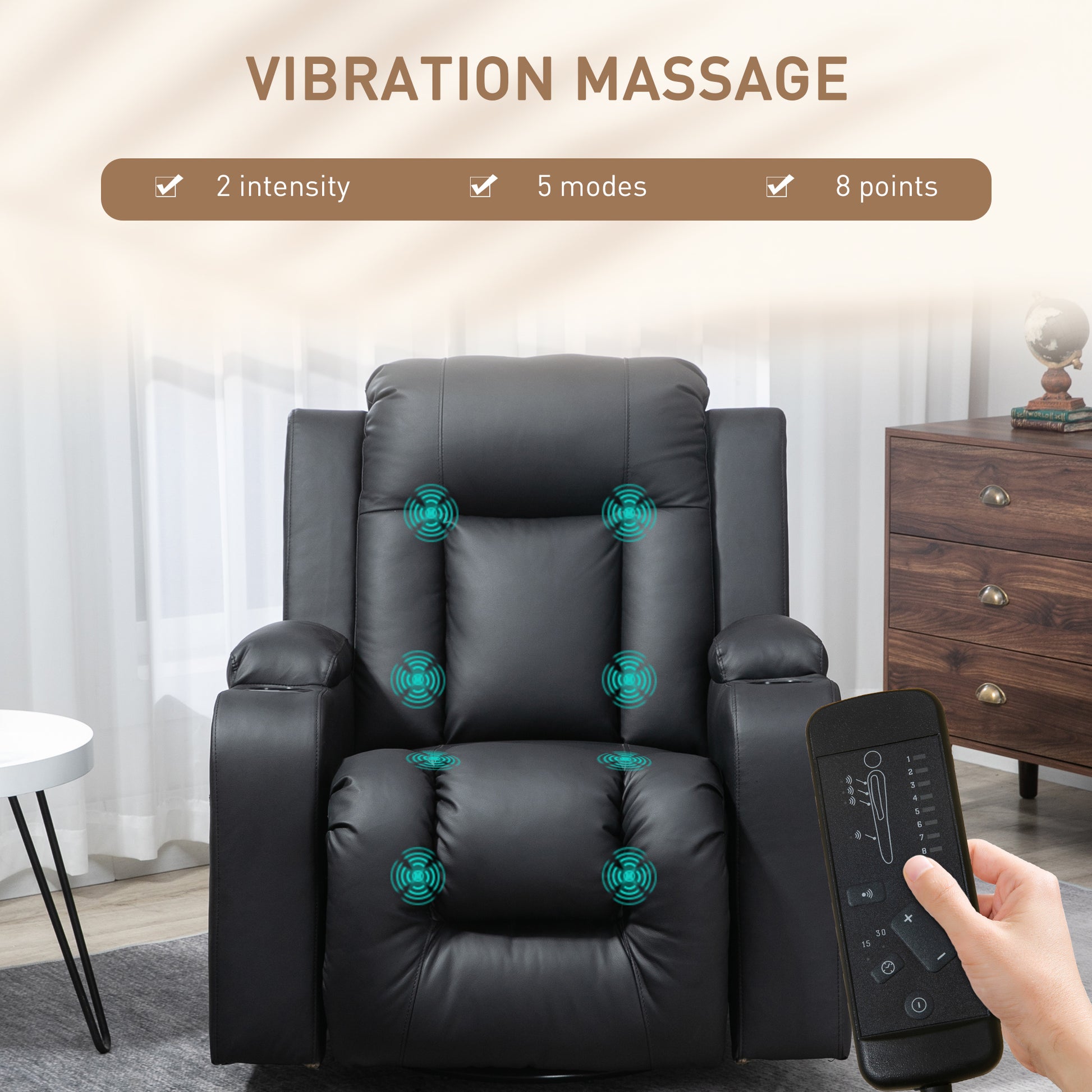 Massage Recliner Chair, PU Leather, Manual Recliner, Swivel, 8 Modes, Brown-DECOROLALA