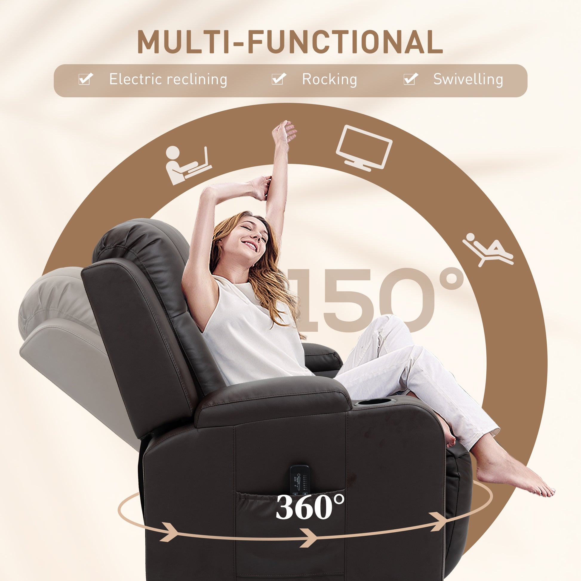 Massage Recliner Chair, PU Leather, Manual Recliner, Swivel, 8 Modes, Brown-DECOROLALA