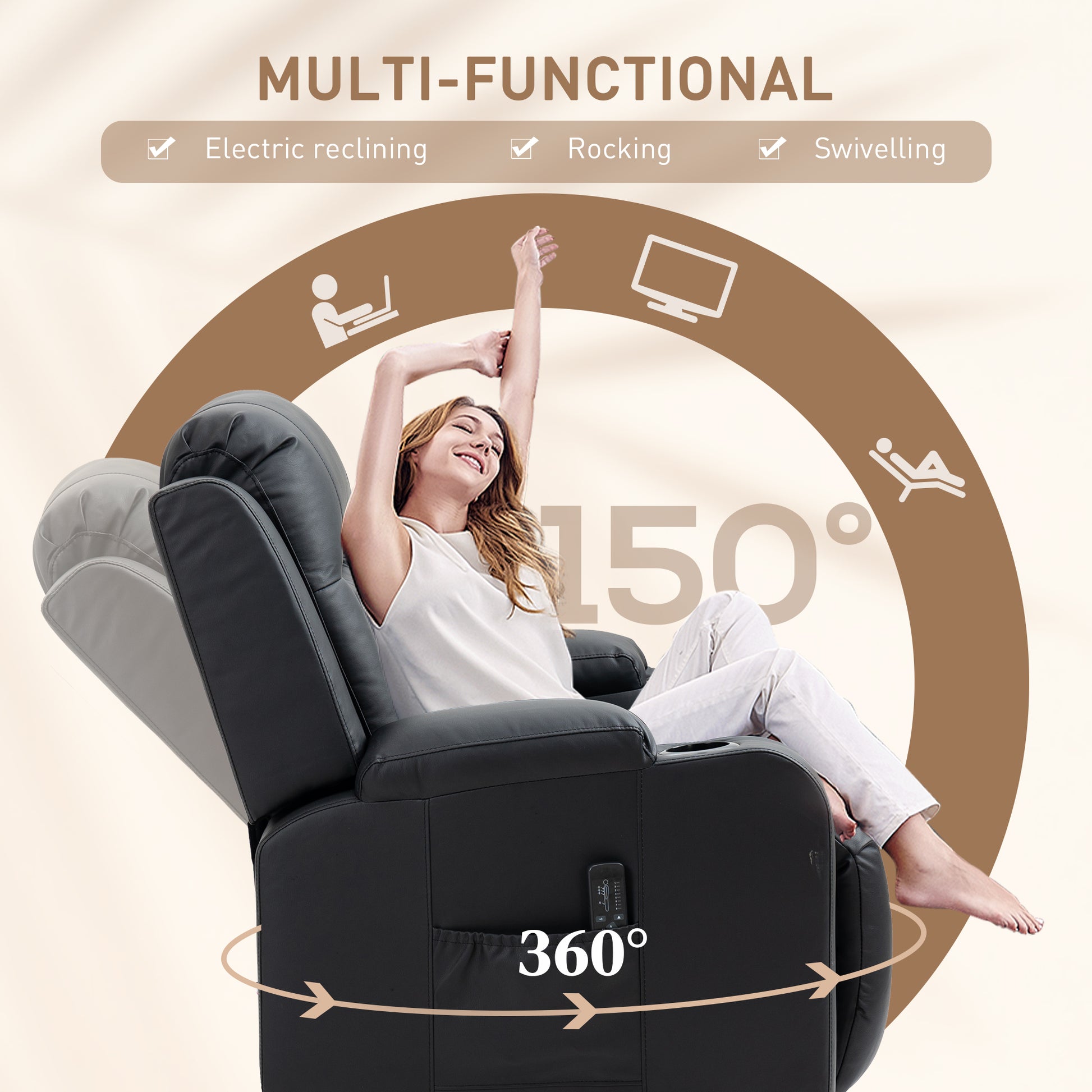 Massage Recliner Chair, PU Leather, Manual Recliner, Swivel, 8 Modes, Brown-DECOROLALA