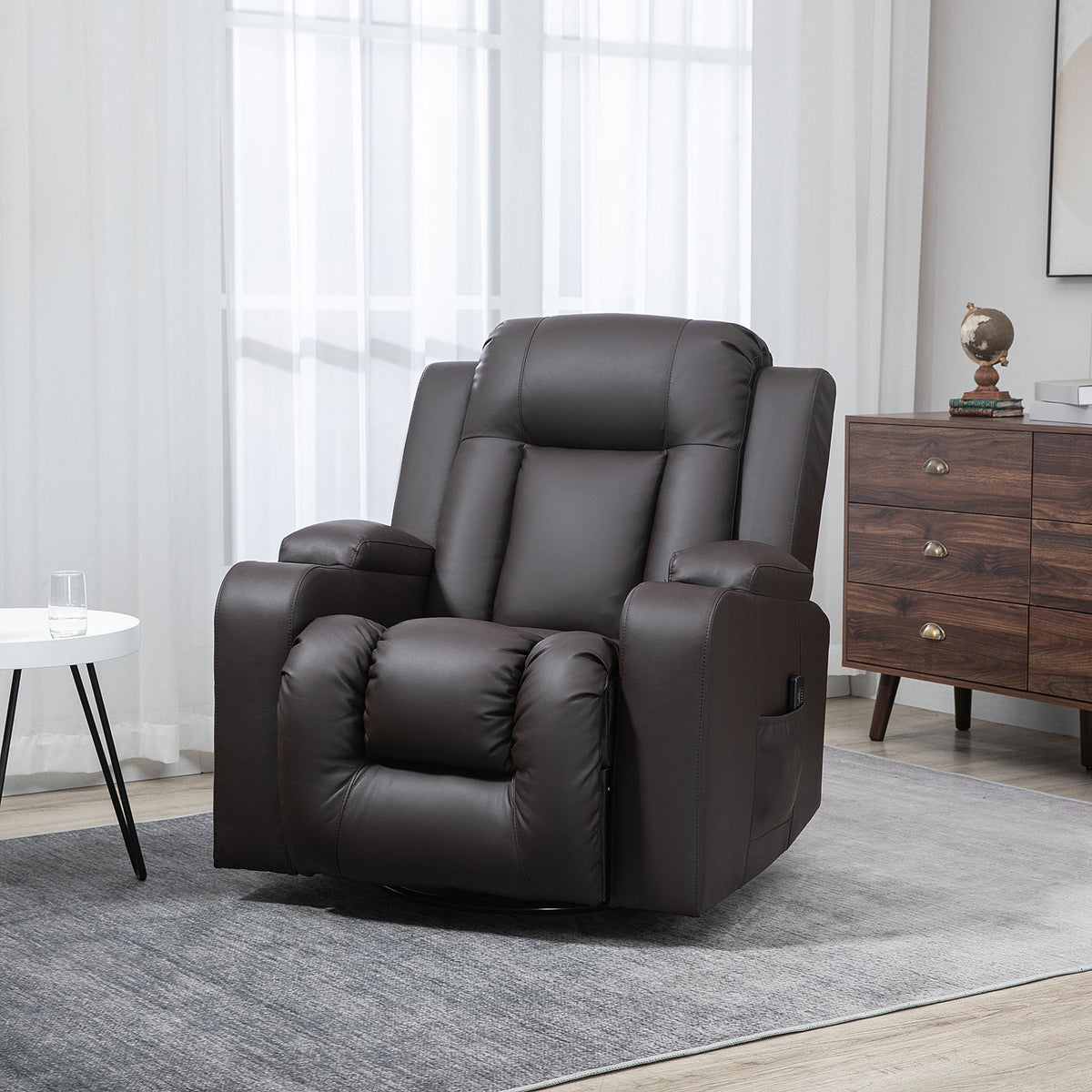Massage Recliner Chair, PU Leather, Manual Recliner, Swivel, 8 Modes, Brown-Recliners-DECOROLALA