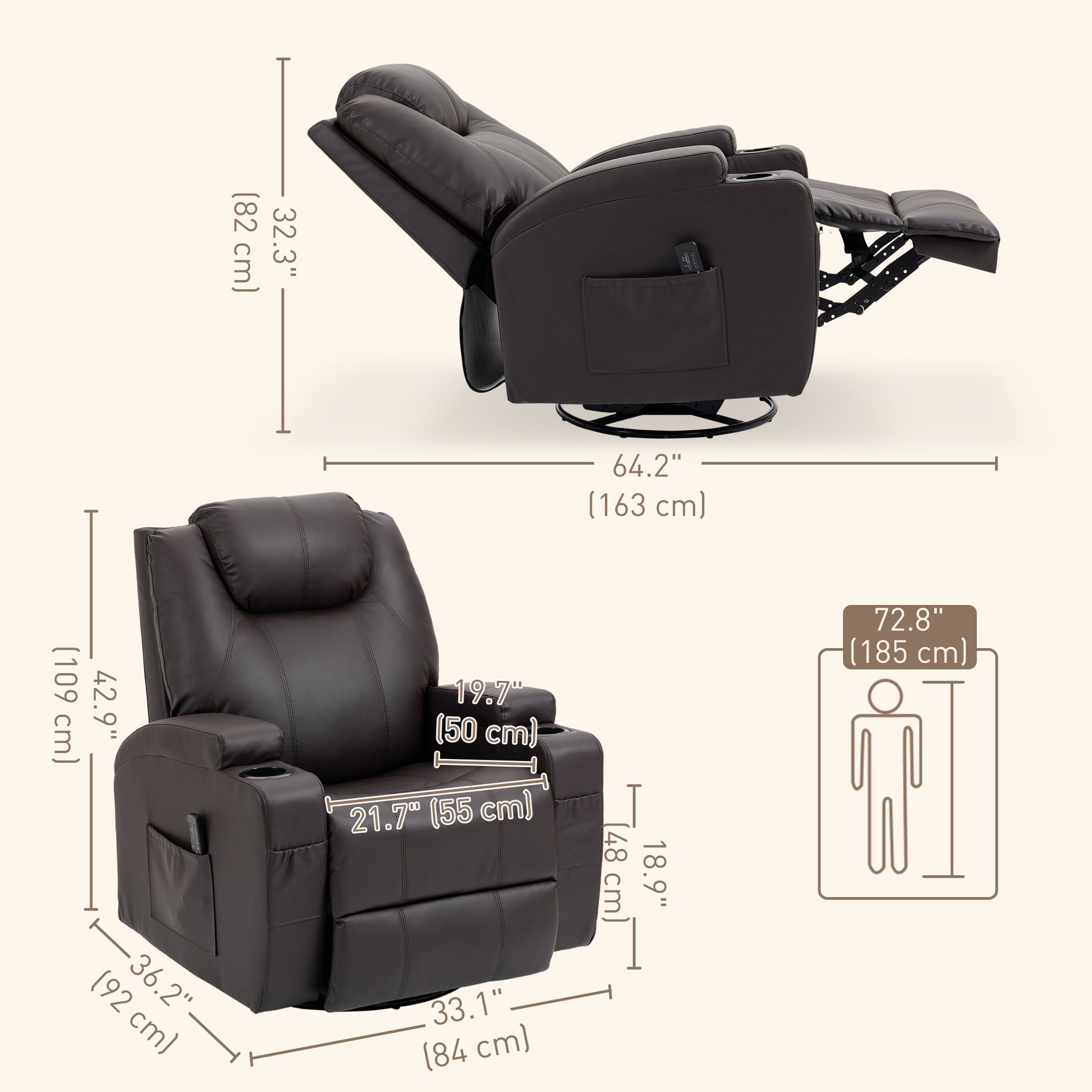 Massage Recliner Chair with 8 Vibration Points, PU Leather, Brown-DECOROLALA