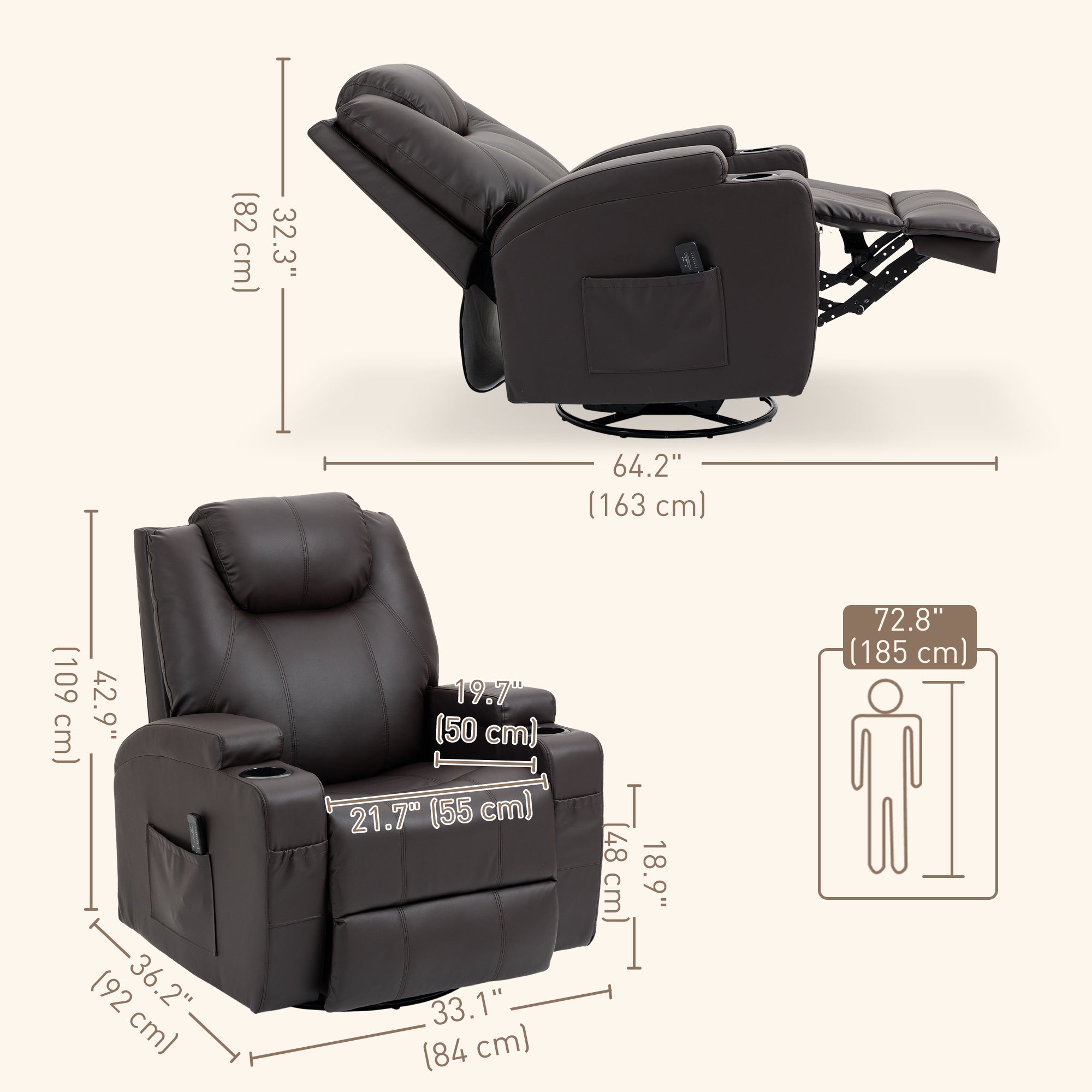 Massage Recliner Chair with 8 Vibration Points, PU Leather, Brown-DECOROLALA