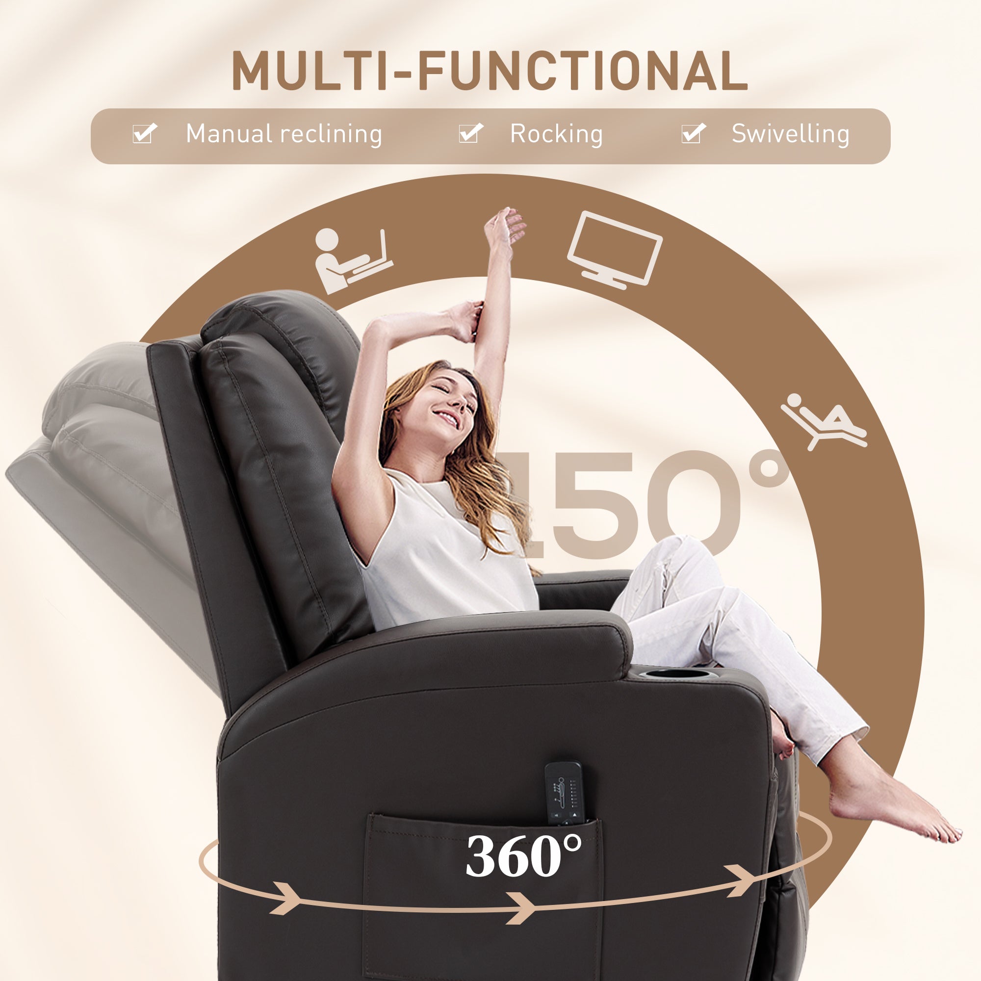 Massage Recliner Chair with 8 Vibration Points, PU Leather, Brown-DECOROLALA