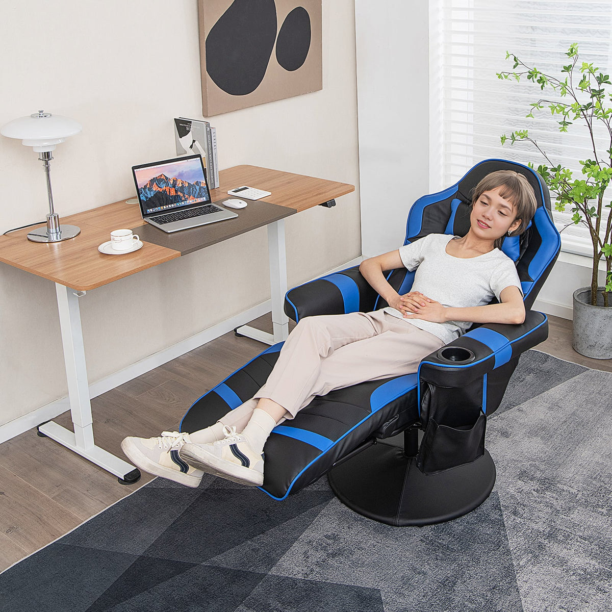 Massage Video Gaming Recliner Chair with Adjustable Height-Blue-Gaming Chairs-DECOROLALA