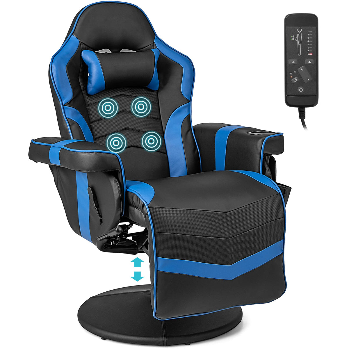 Massage Video Gaming Recliner Chair with Adjustable Height-Blue-Gaming Chairs-DECOROLALA