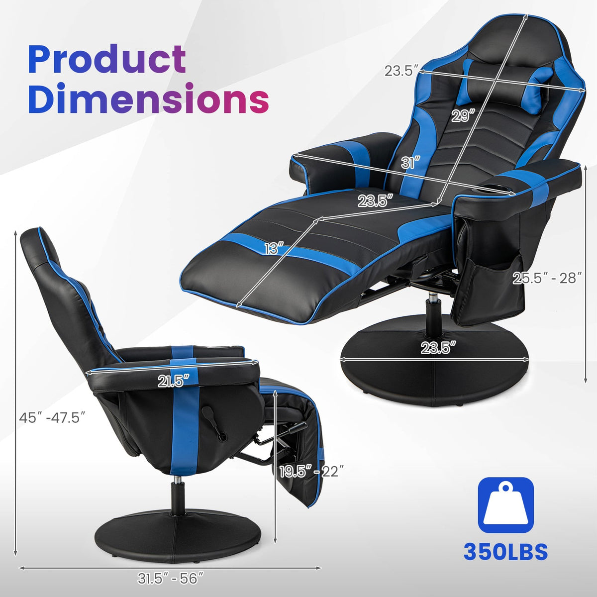 Massage Video Gaming Recliner Chair with Adjustable Height-Blue-Gaming Chairs-DECOROLALA
