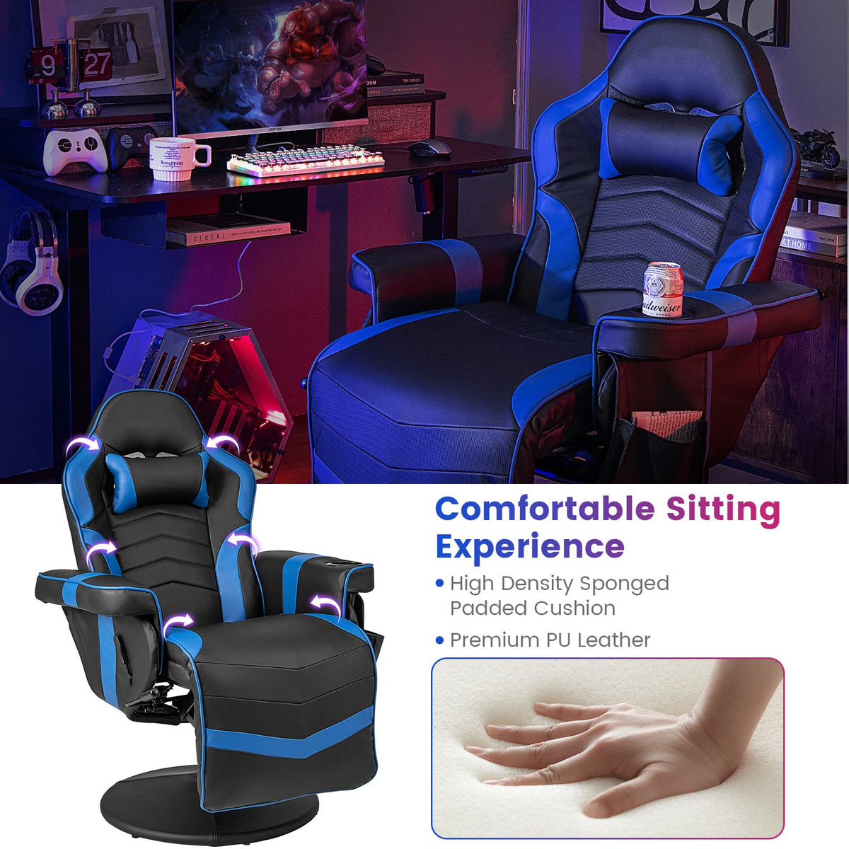Massage Video Gaming Recliner Chair with Adjustable Height-Blue-Gaming Chairs-DECOROLALA