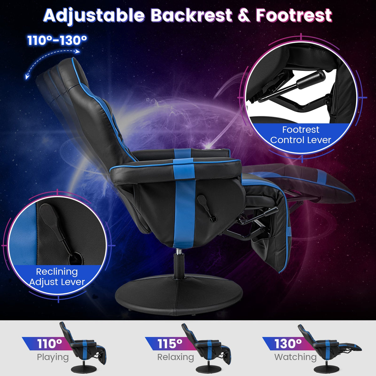 Massage Video Gaming Recliner Chair with Adjustable Height-Blue-Gaming Chairs-DECOROLALA