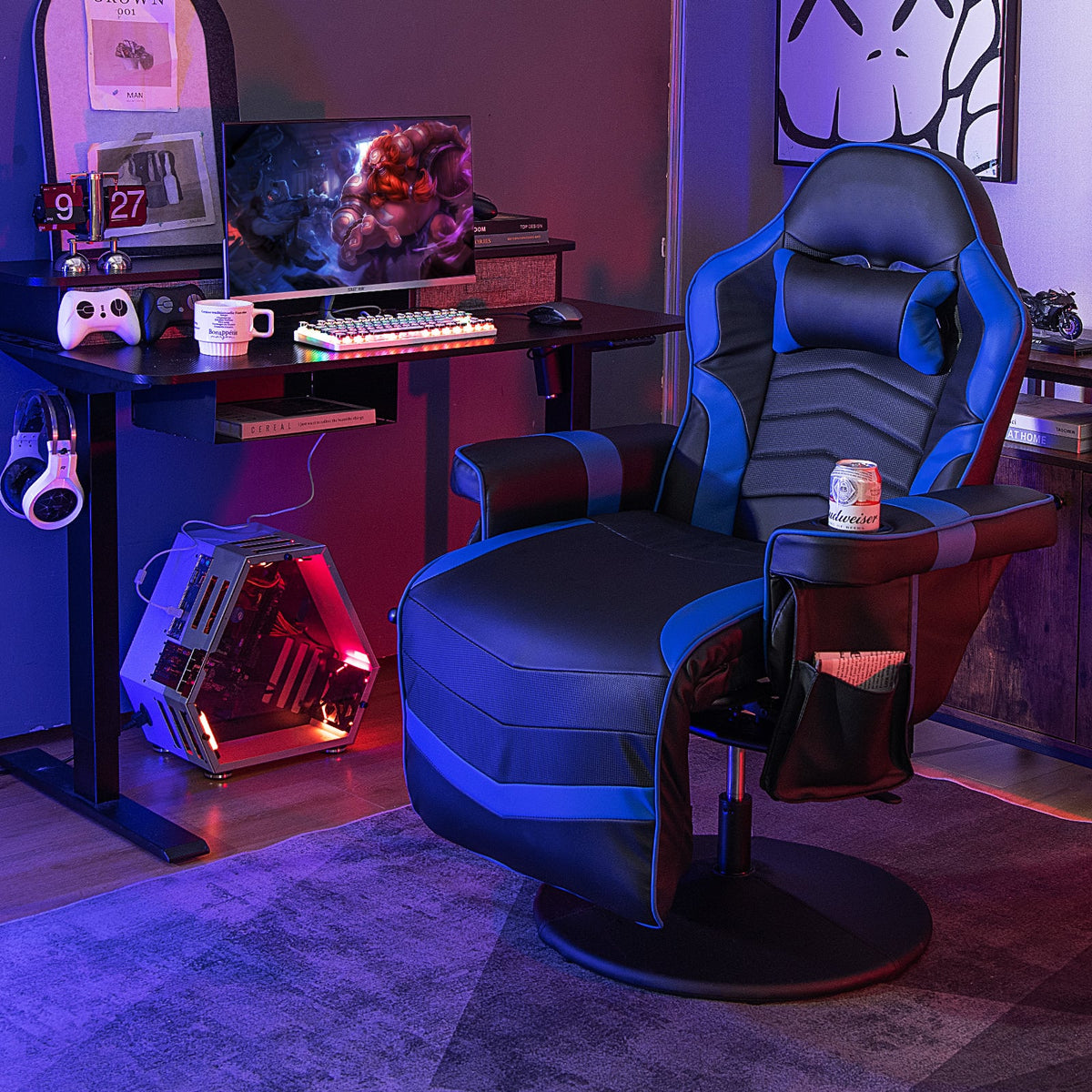 Massage Video Gaming Recliner Chair with Adjustable Height-Blue-Gaming Chairs-DECOROLALA