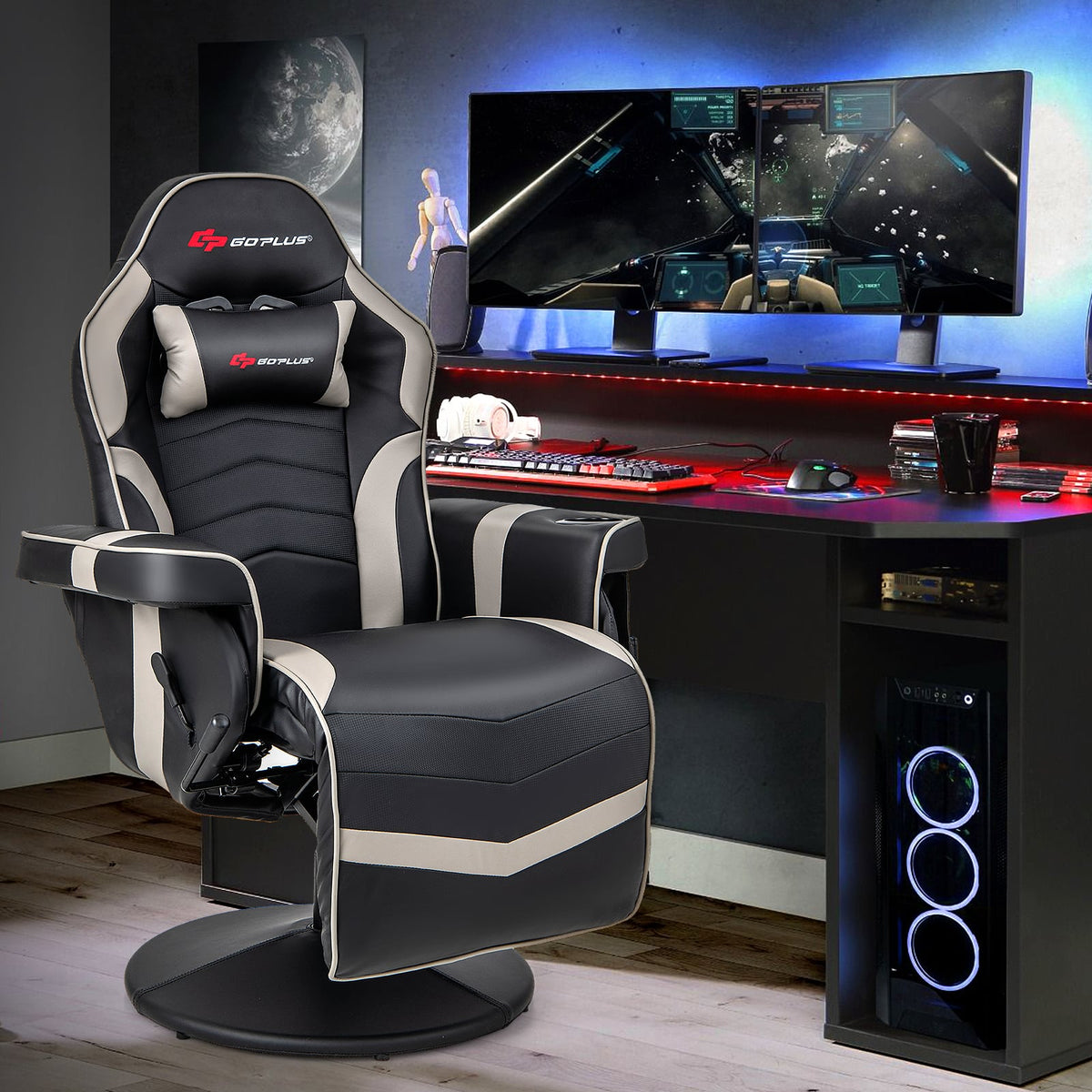 Massage Video Gaming Recliner Chair with Adjustable Height-Gray-Gaming Chairs-DECOROLALA