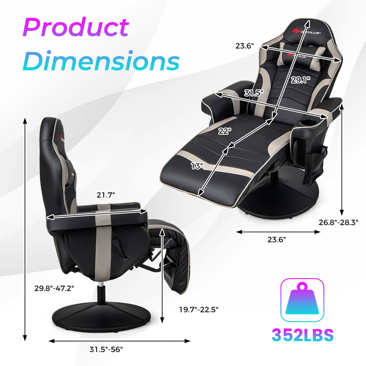 Massage Video Gaming Recliner Chair with Adjustable Height-Gray-Gaming Chairs-DECOROLALA