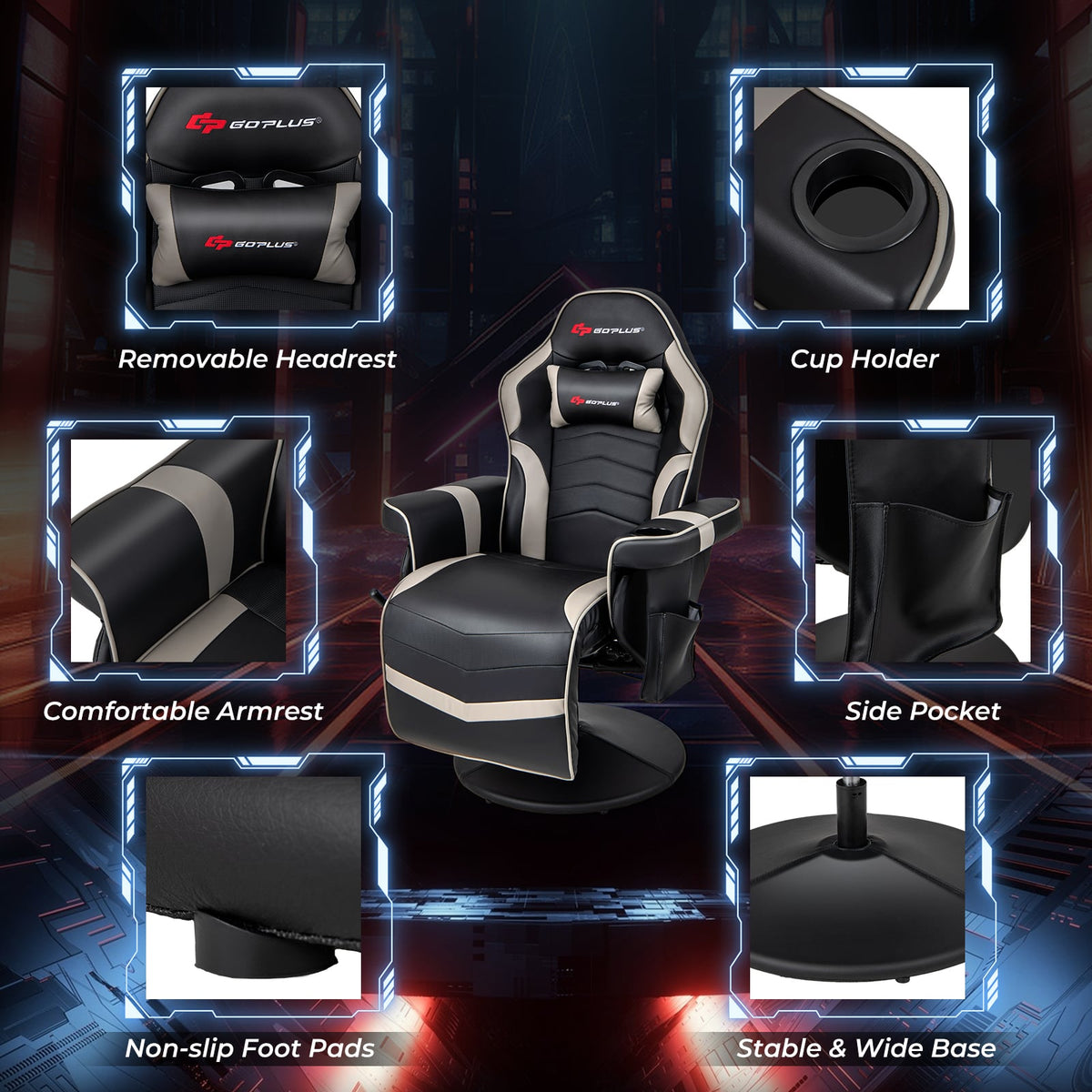 Massage Video Gaming Recliner Chair with Adjustable Height-Gray-Gaming Chairs-DECOROLALA