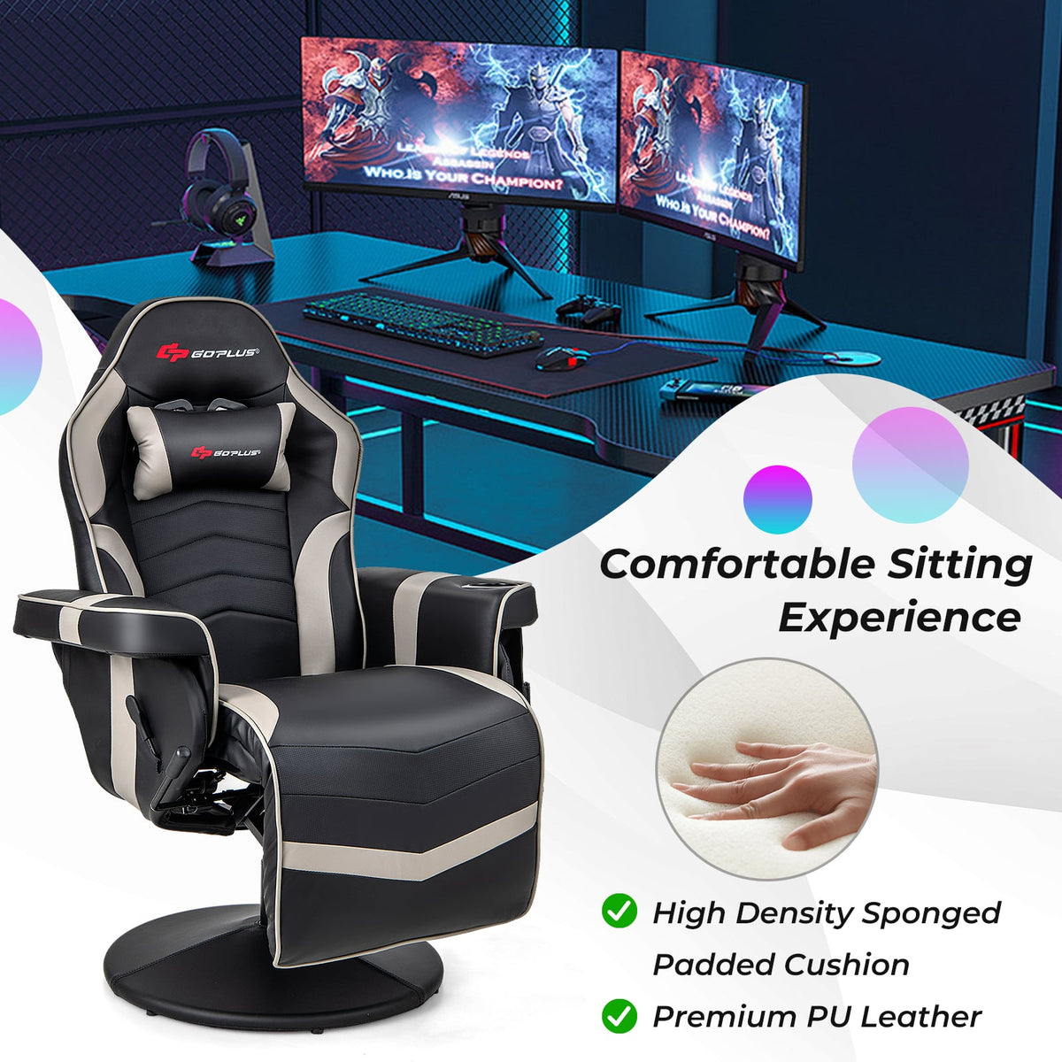 Massage Video Gaming Recliner Chair with Adjustable Height-Gray-Gaming Chairs-DECOROLALA