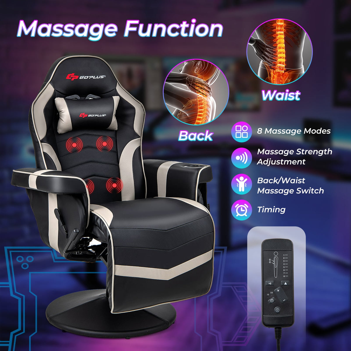 Massage Video Gaming Recliner Chair with Adjustable Height-Gray-Gaming Chairs-DECOROLALA
