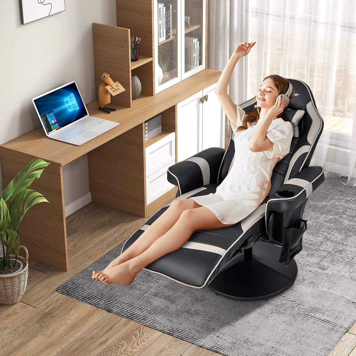 Massage Video Gaming Recliner Chair with Adjustable Height-Gray-Gaming Chairs-DECOROLALA