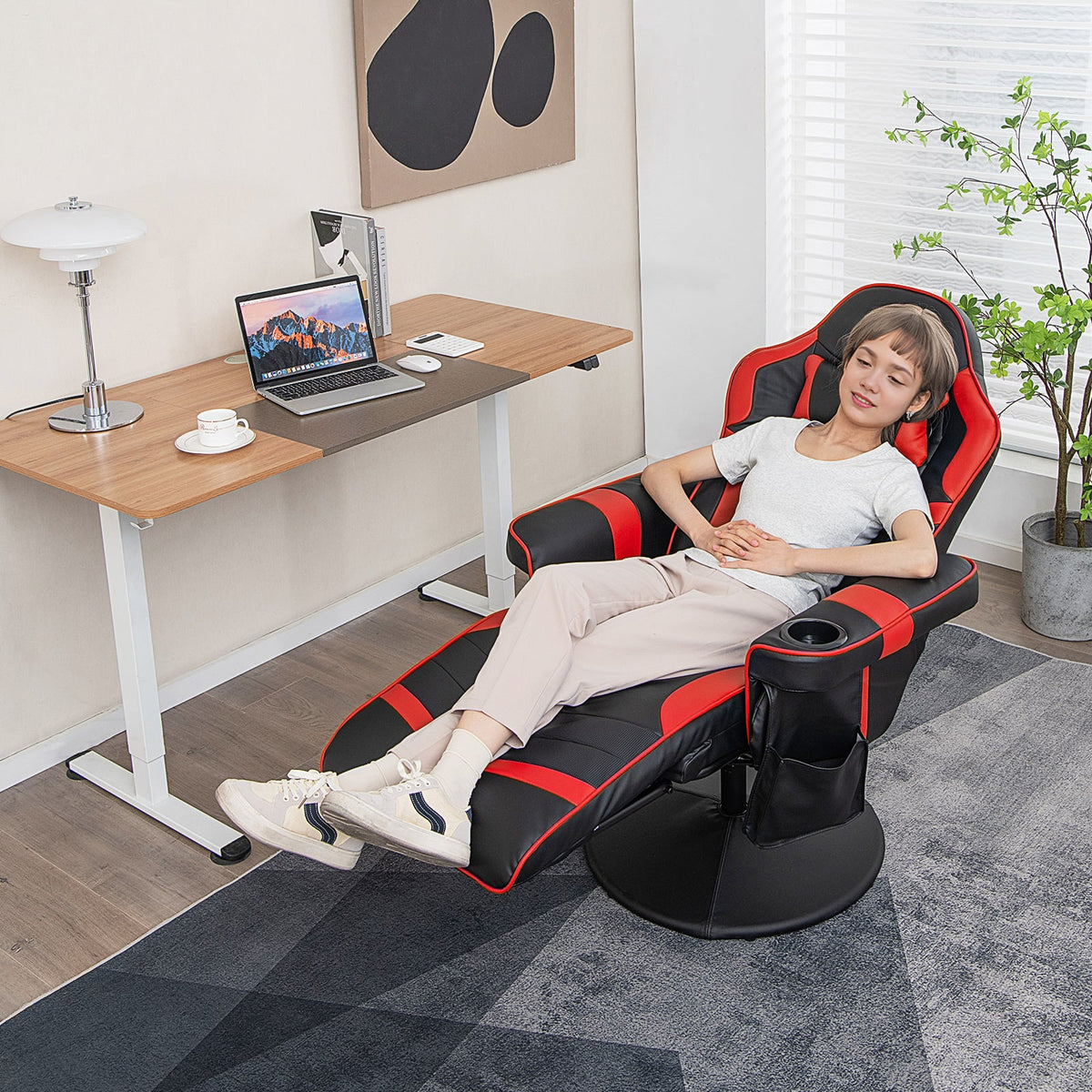 Massage Video Gaming Recliner Chair with Adjustable Height-Red-Gaming Chairs-DECOROLALA